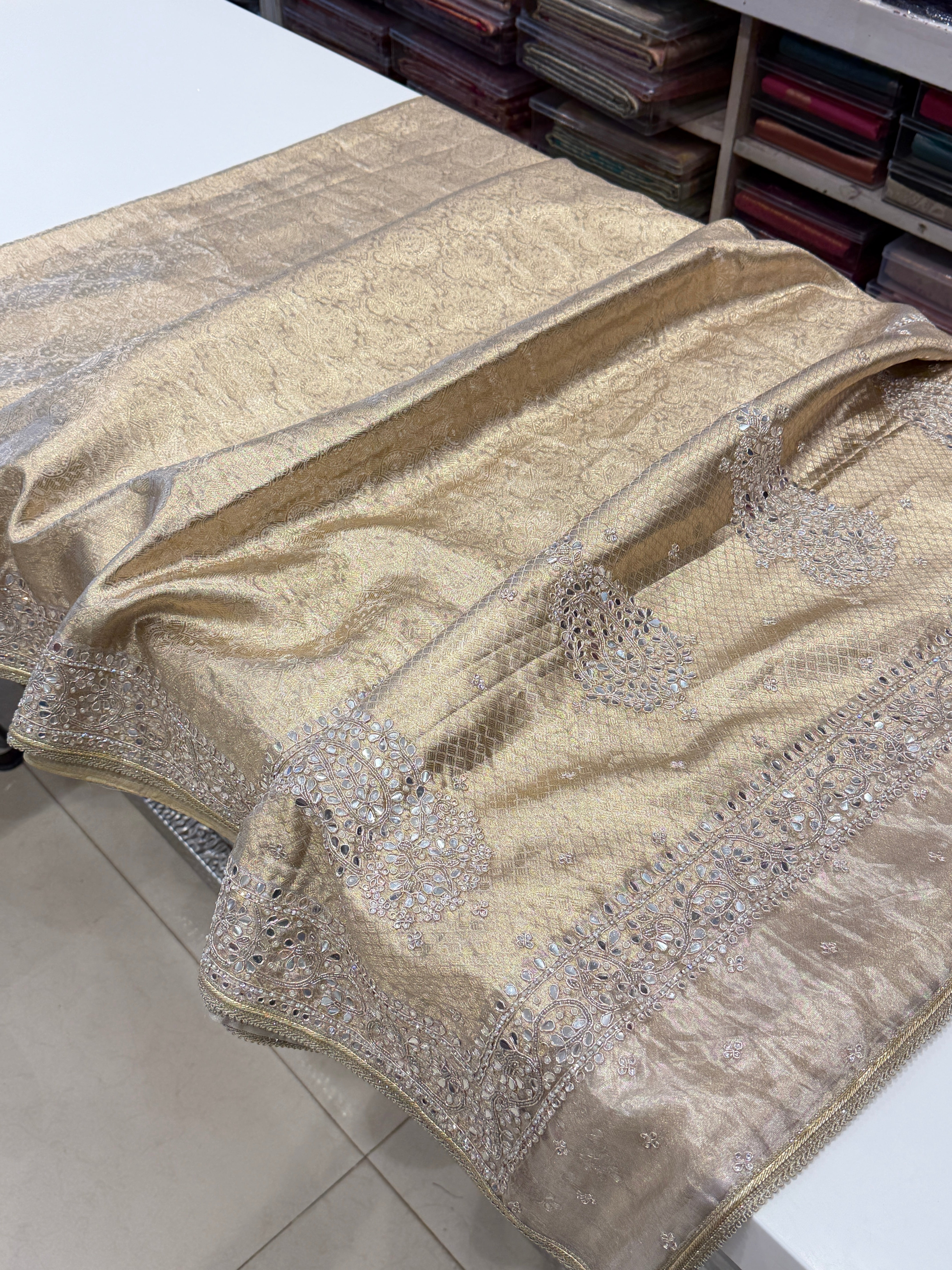 Gold Tissue Kanjivaram Moti Hand Embroidery Saree