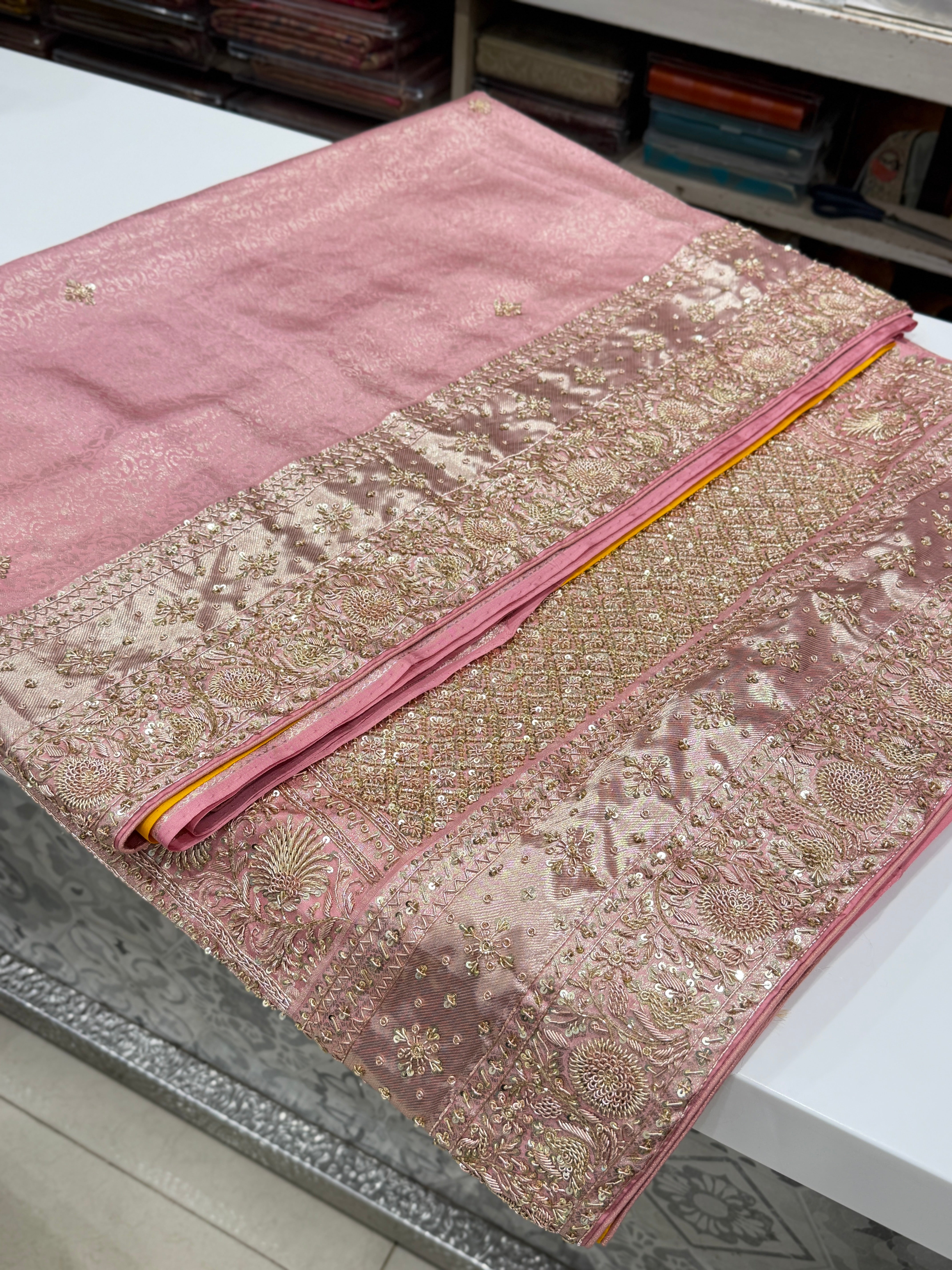 Pink Contrast Blouse Kanjivaram Zardosi Hand Embroidery Saree