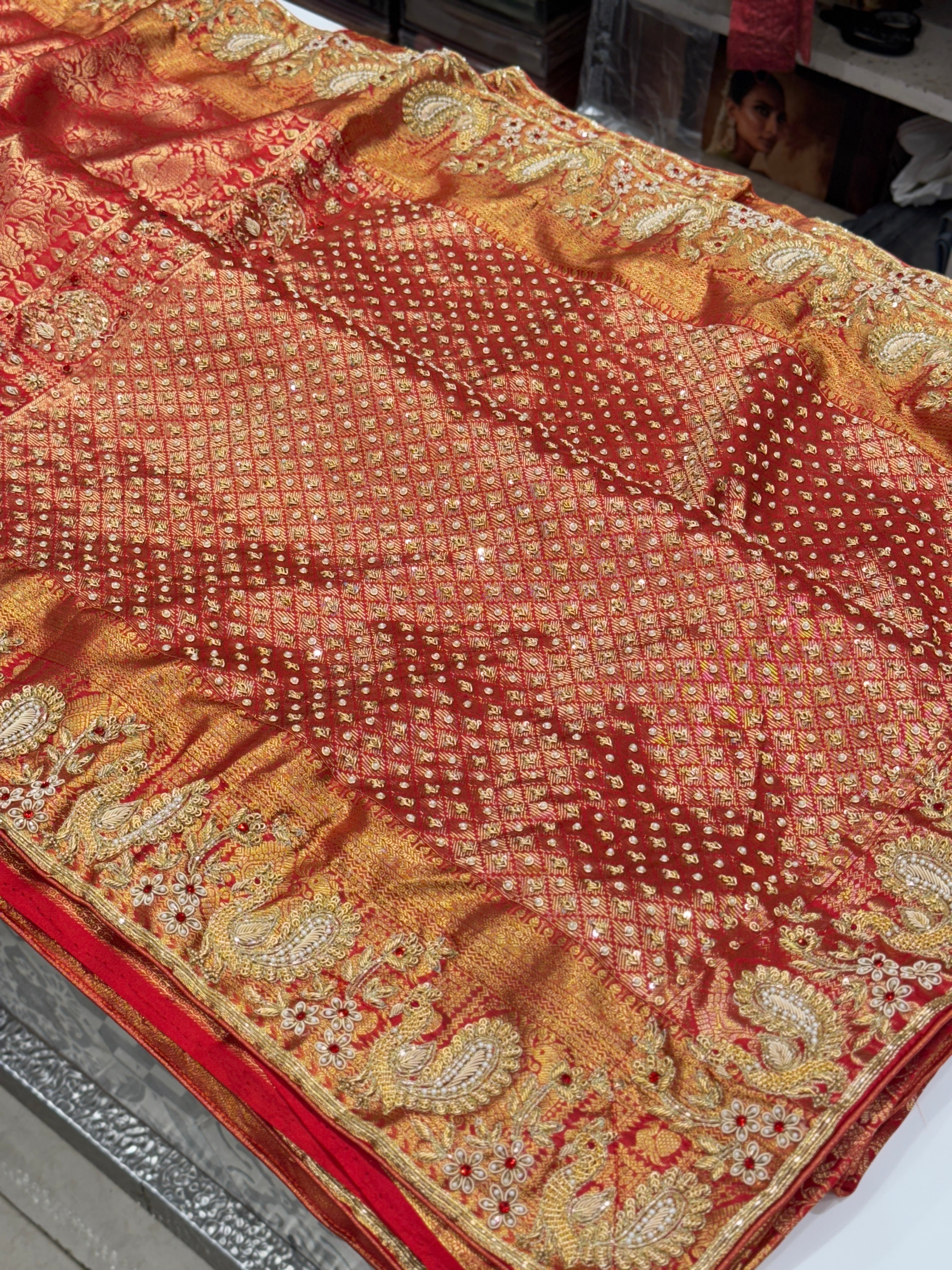 Red Kanjivaram Peacock Motif Zardozi Hand Embroidery Saree