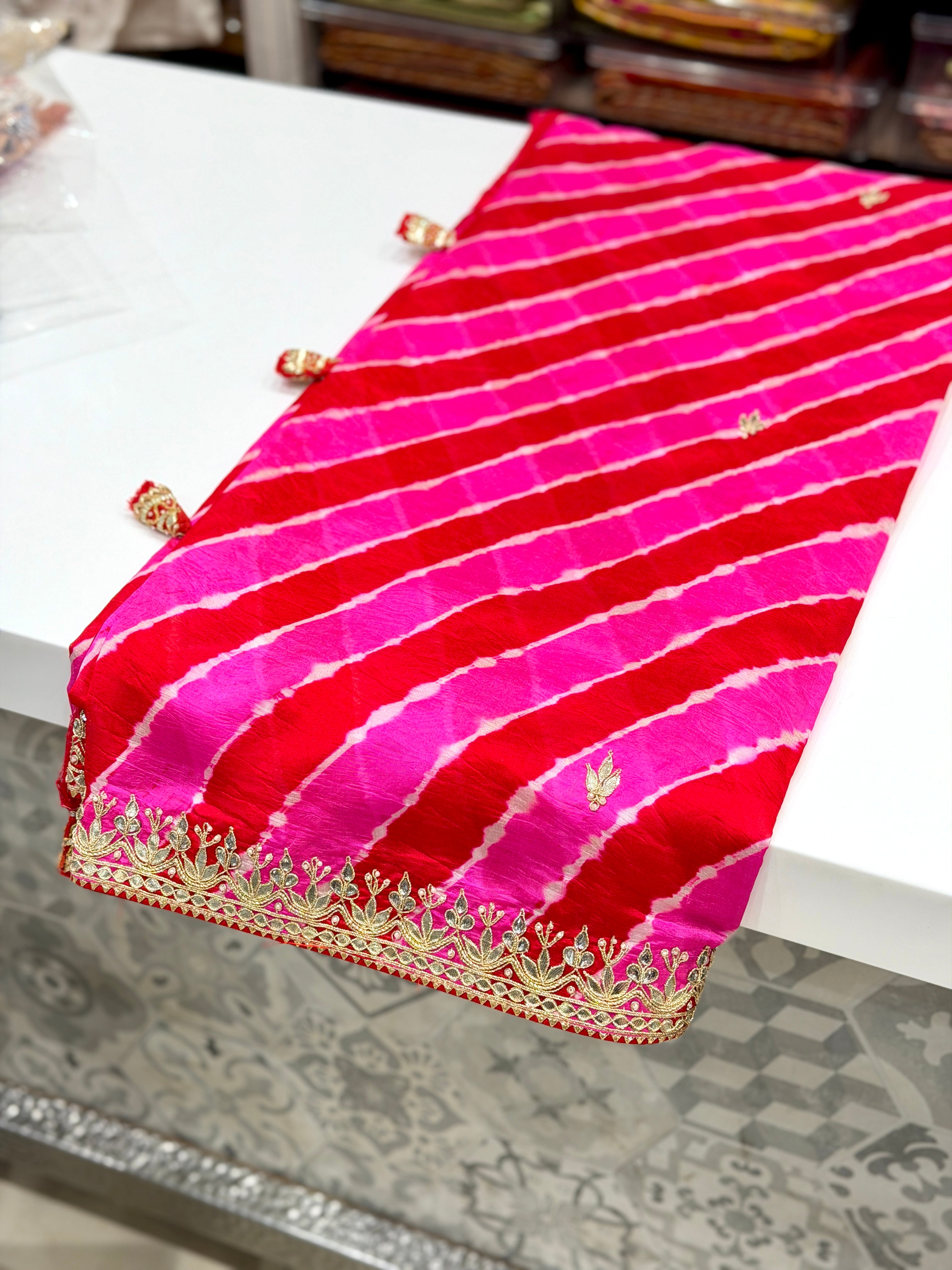 Rani Pink Leheriya Tussor with Gotapatti Embroidery Saree