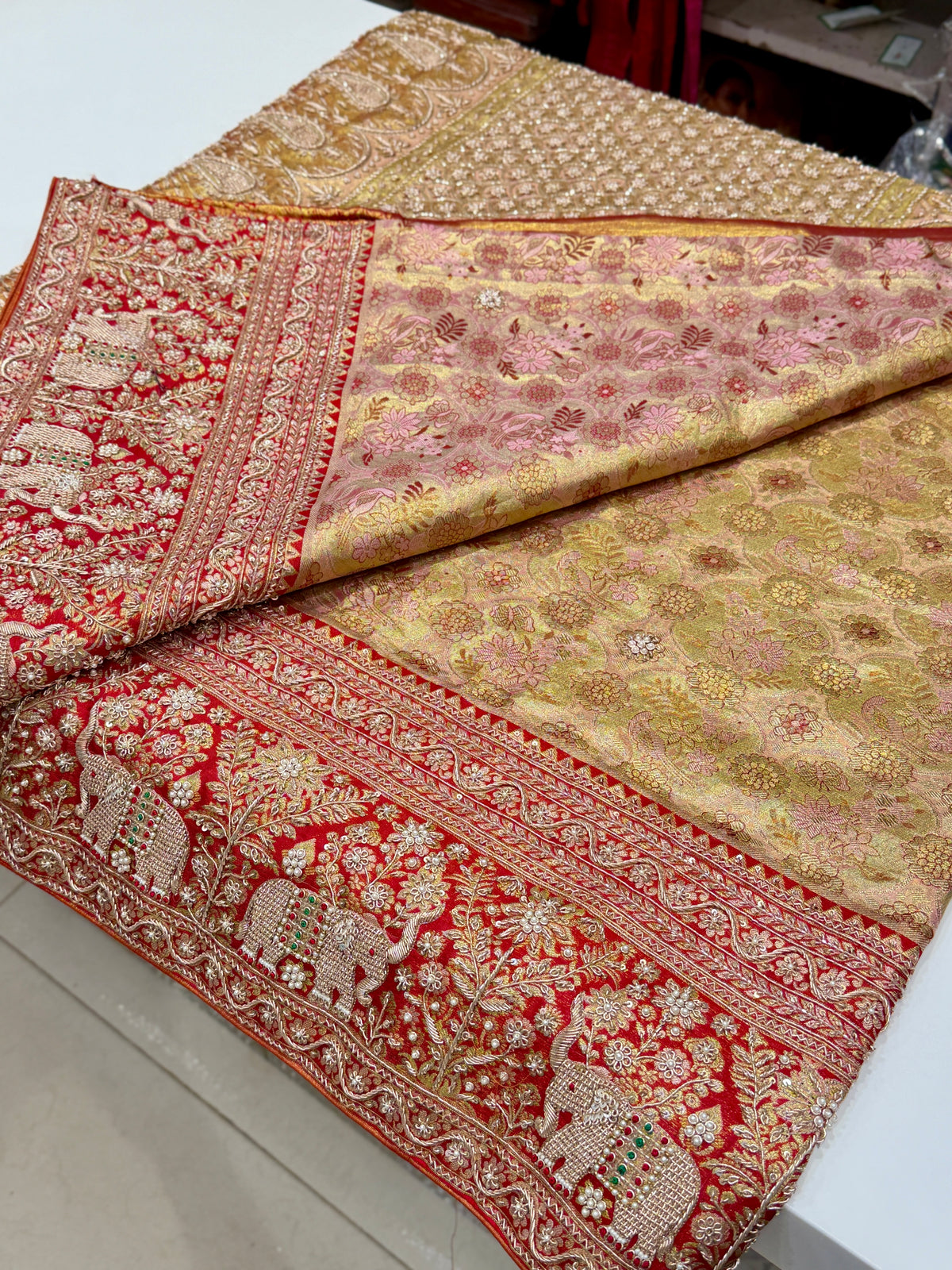 Light Pink Elephant Motif Meenakari Tissue Kanjivaram Zardosi Hand Embroidery Saree