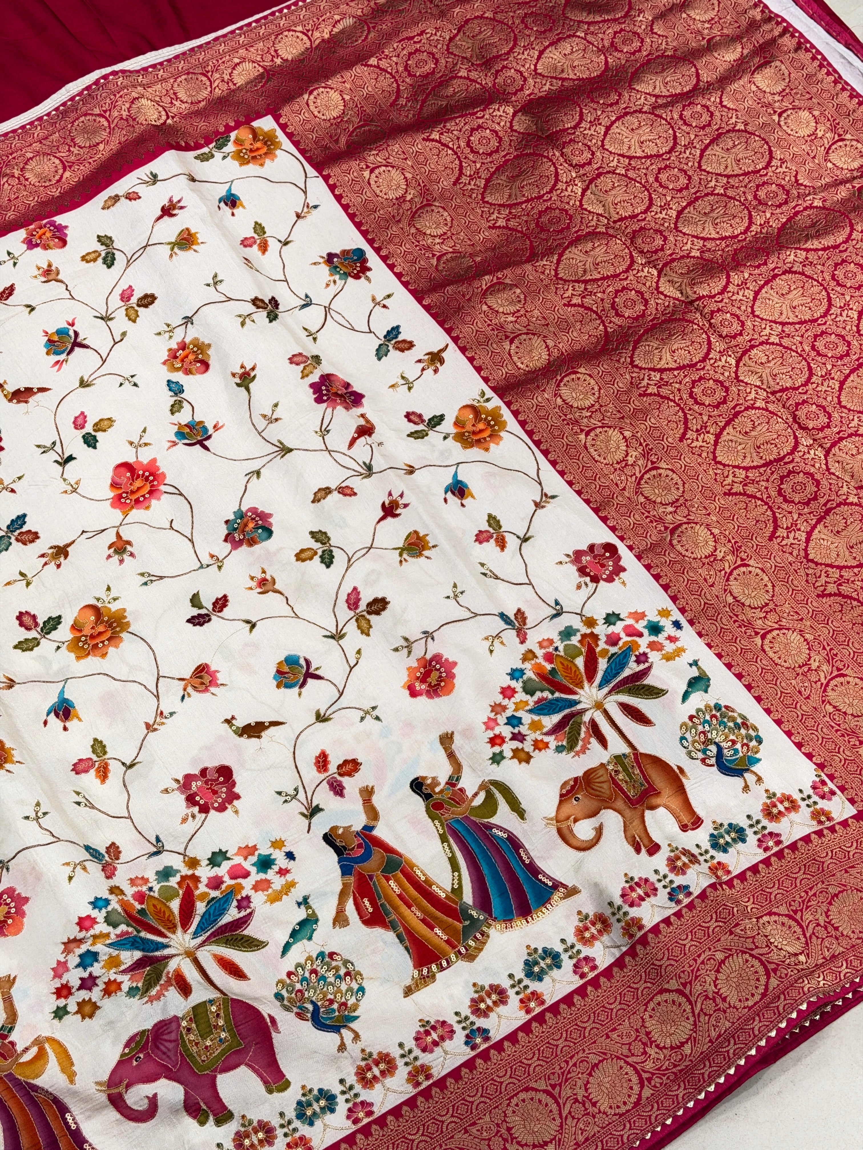 Moti White Baluchari Style Banarasi Munga Pita Embroidery Saree