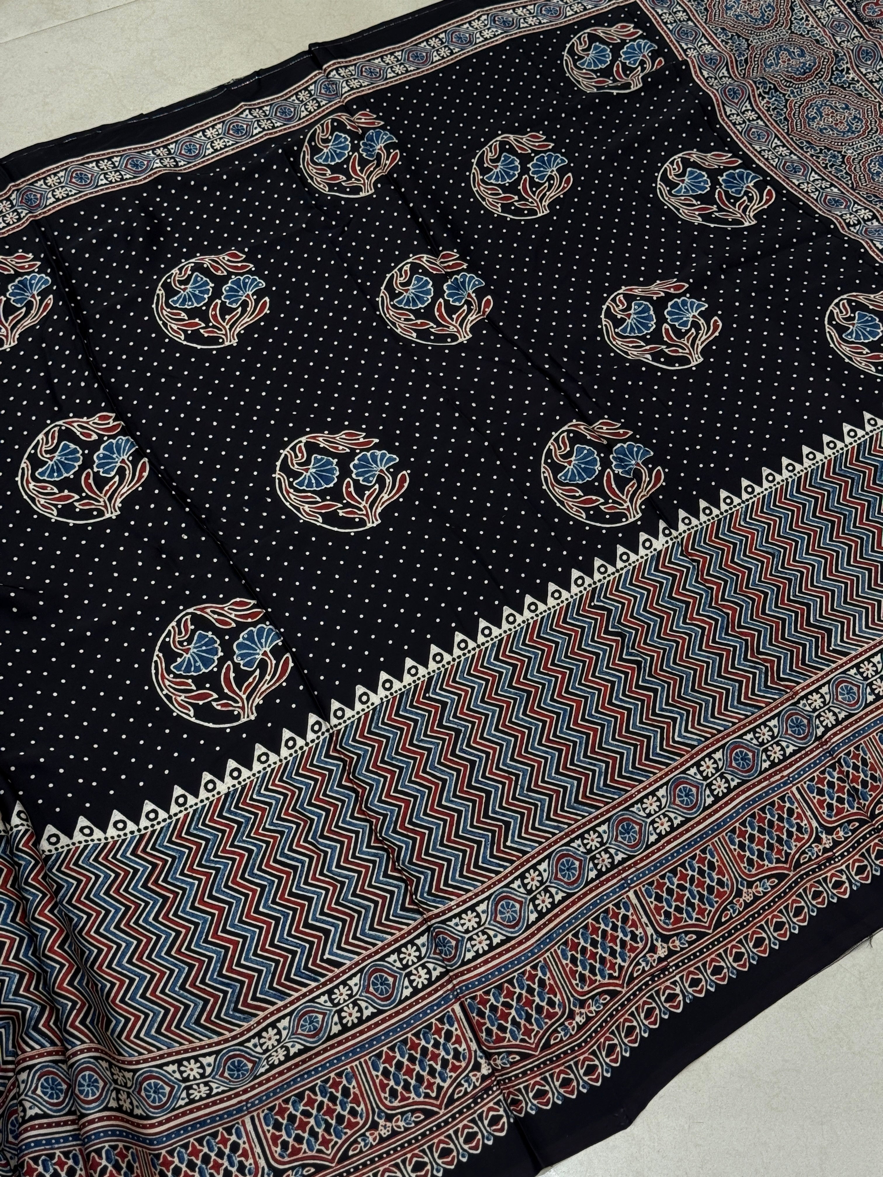 Black Half n Half Buttas Ajrakh Modal Gajji Silk Saree