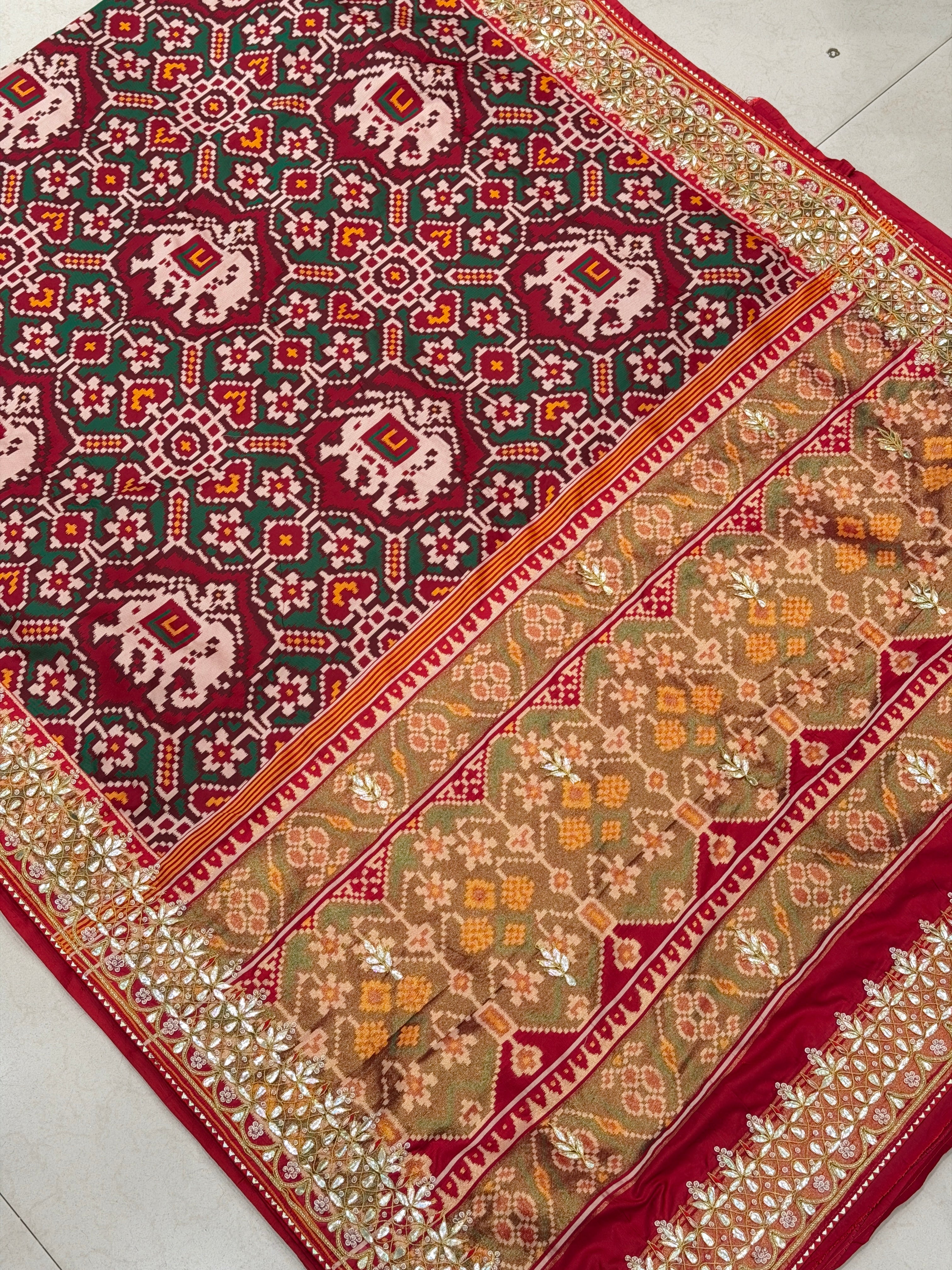Maroon Green Chabdi Elephant Gotapatti Hand Embroidery Saree