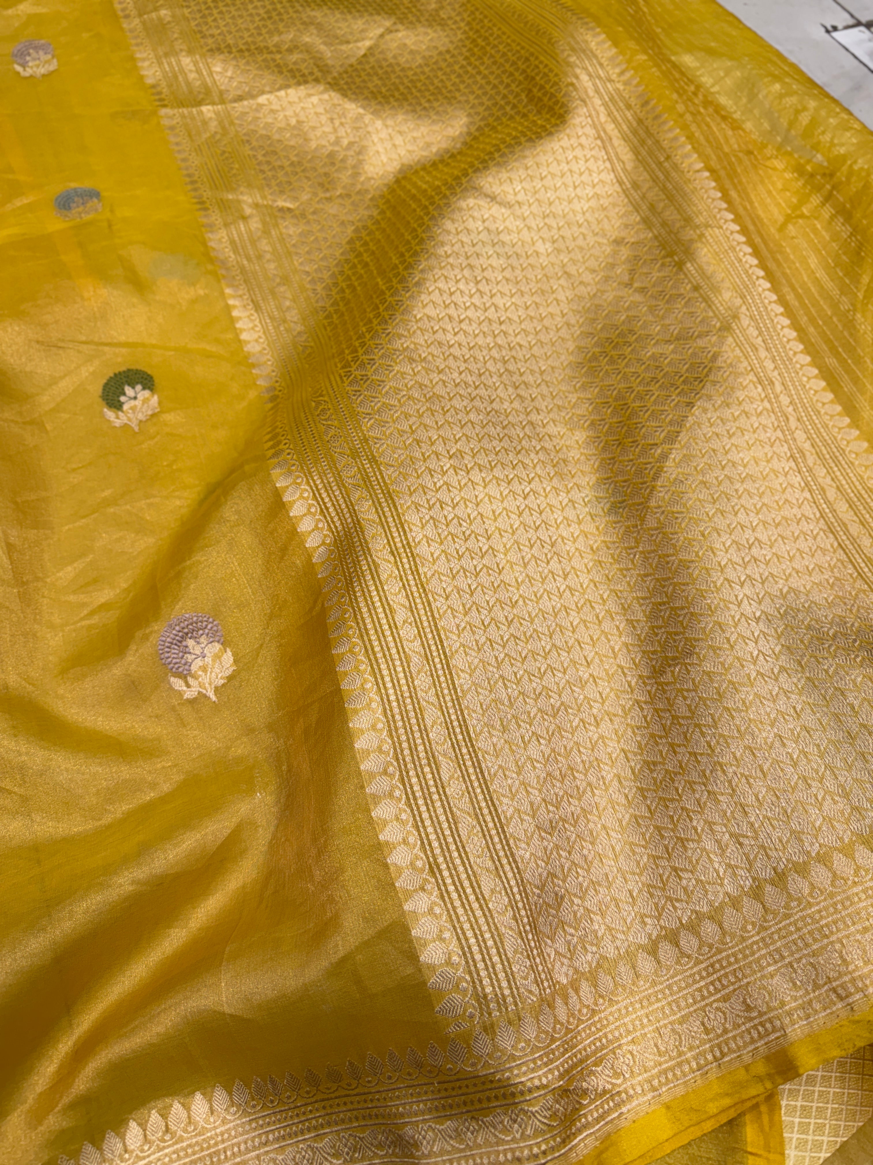Yellow Handloom Meenakari Banarasi Tissue Kadwa Saree