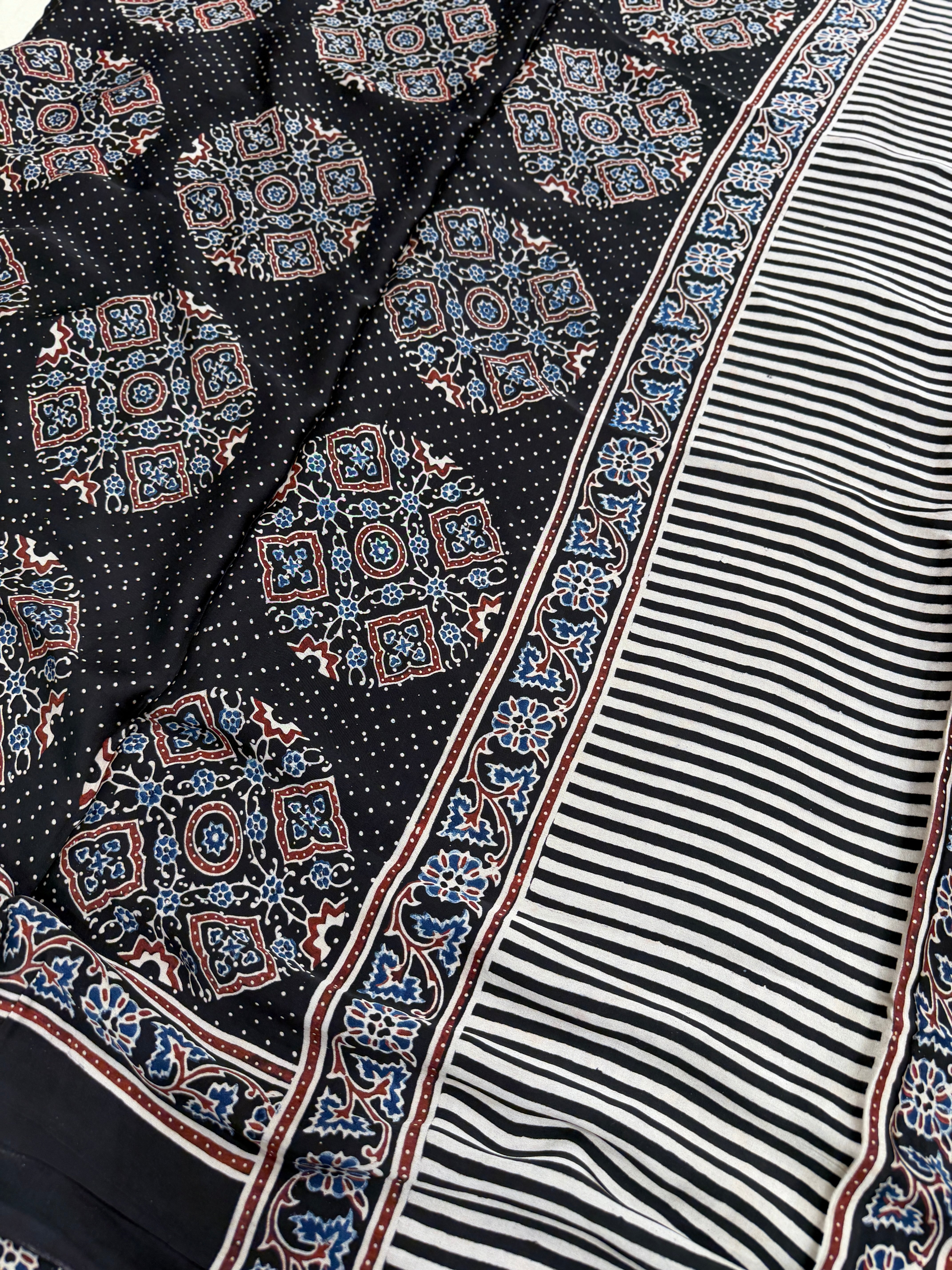 Black Contemporary Ajrakh Hand Block Print Pure Gajji Silk Saree