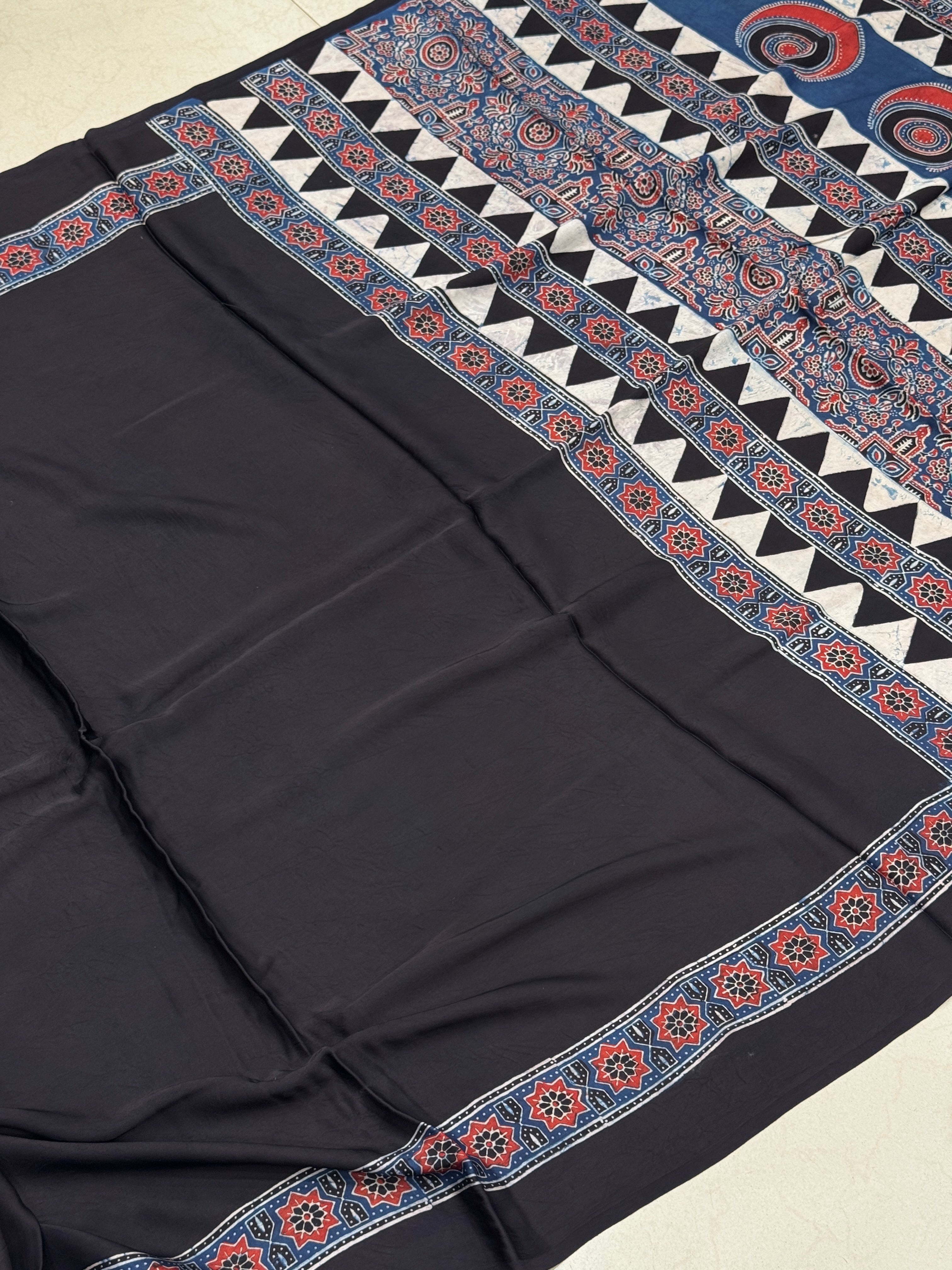 Black Contemporary Pallu Hand Block Print Ajrkah Pure Gajji Silk Saree