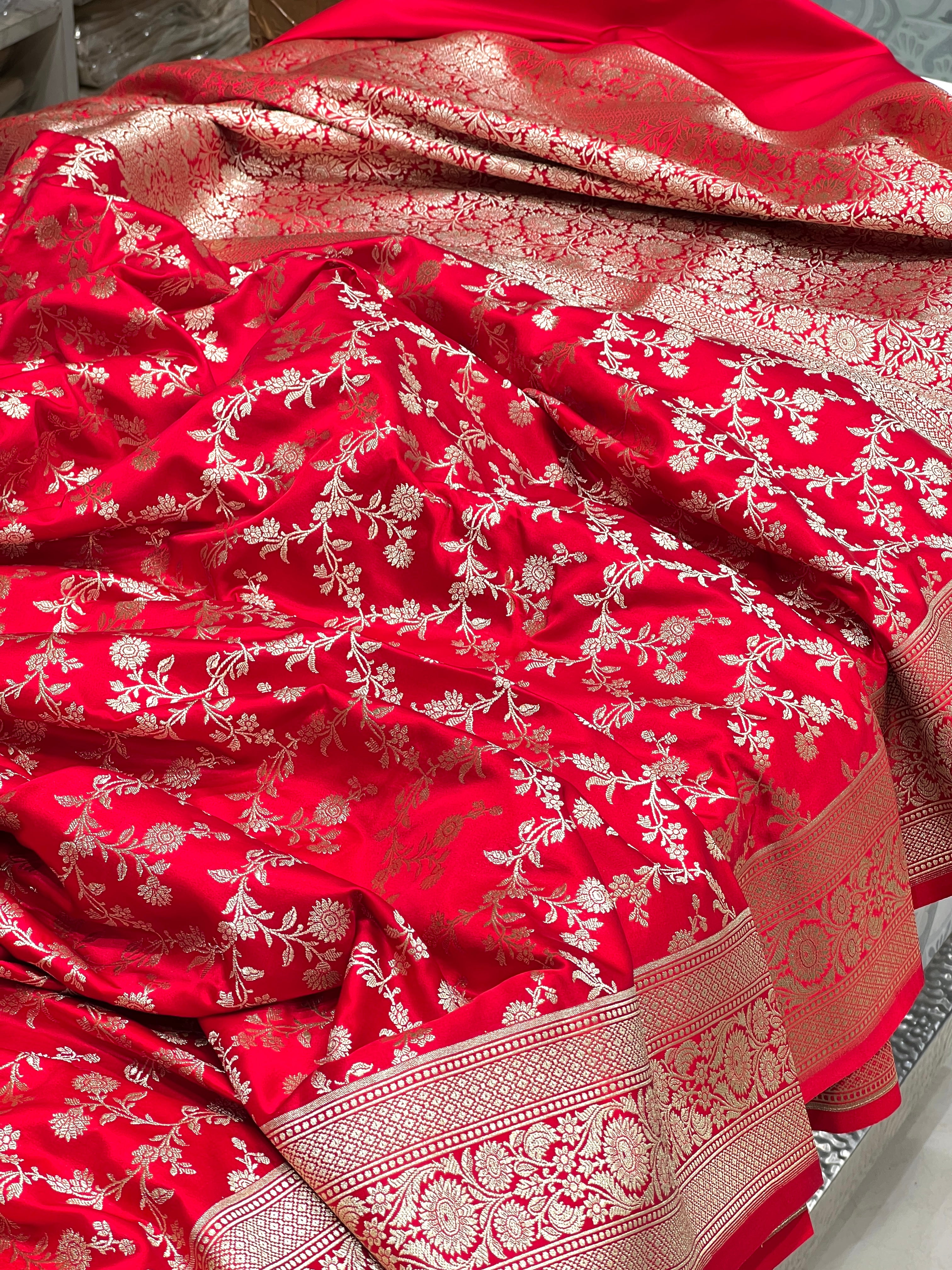 Red Banarasi Silk Flower Jaal