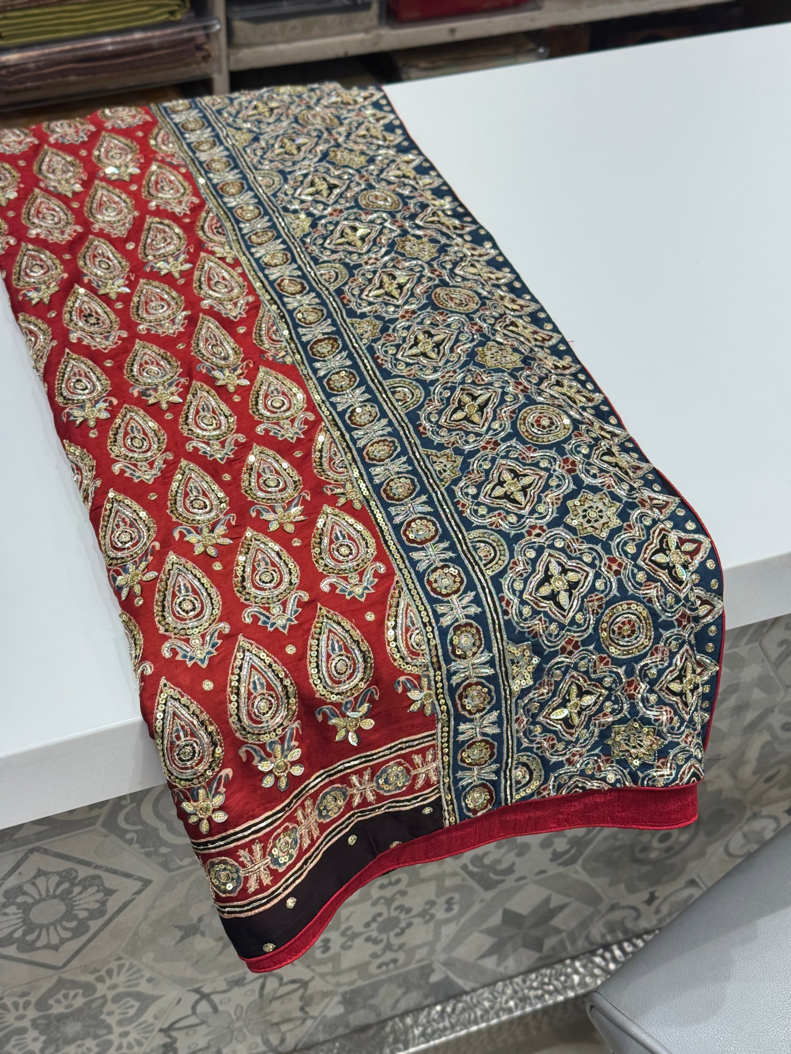 Red Blue Pallu Floral Buttas Ajrakh Hand Embroidery Saree