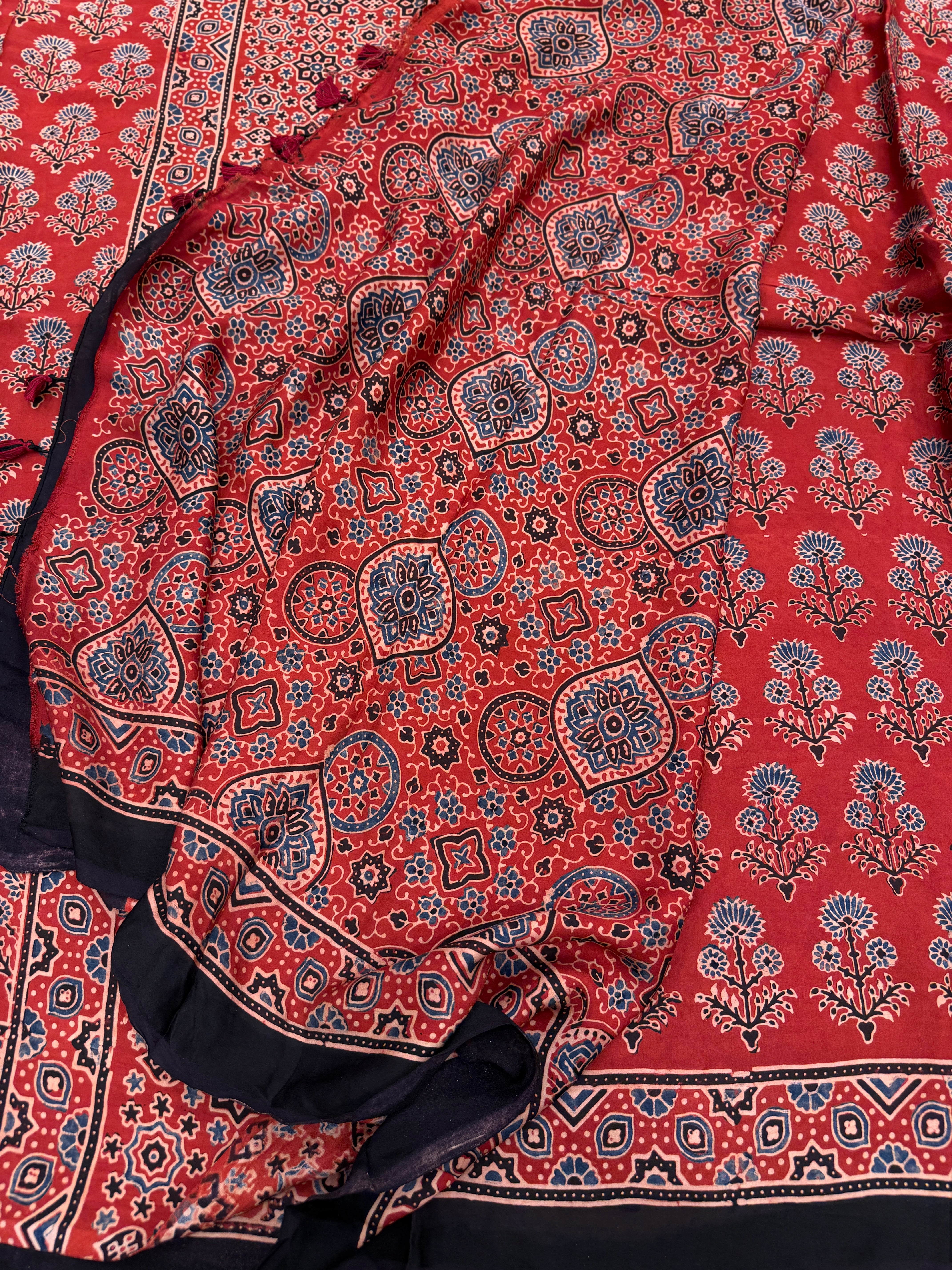Red Buttas Ajrakh Hand Block Print Pure Gajji Silk Saree