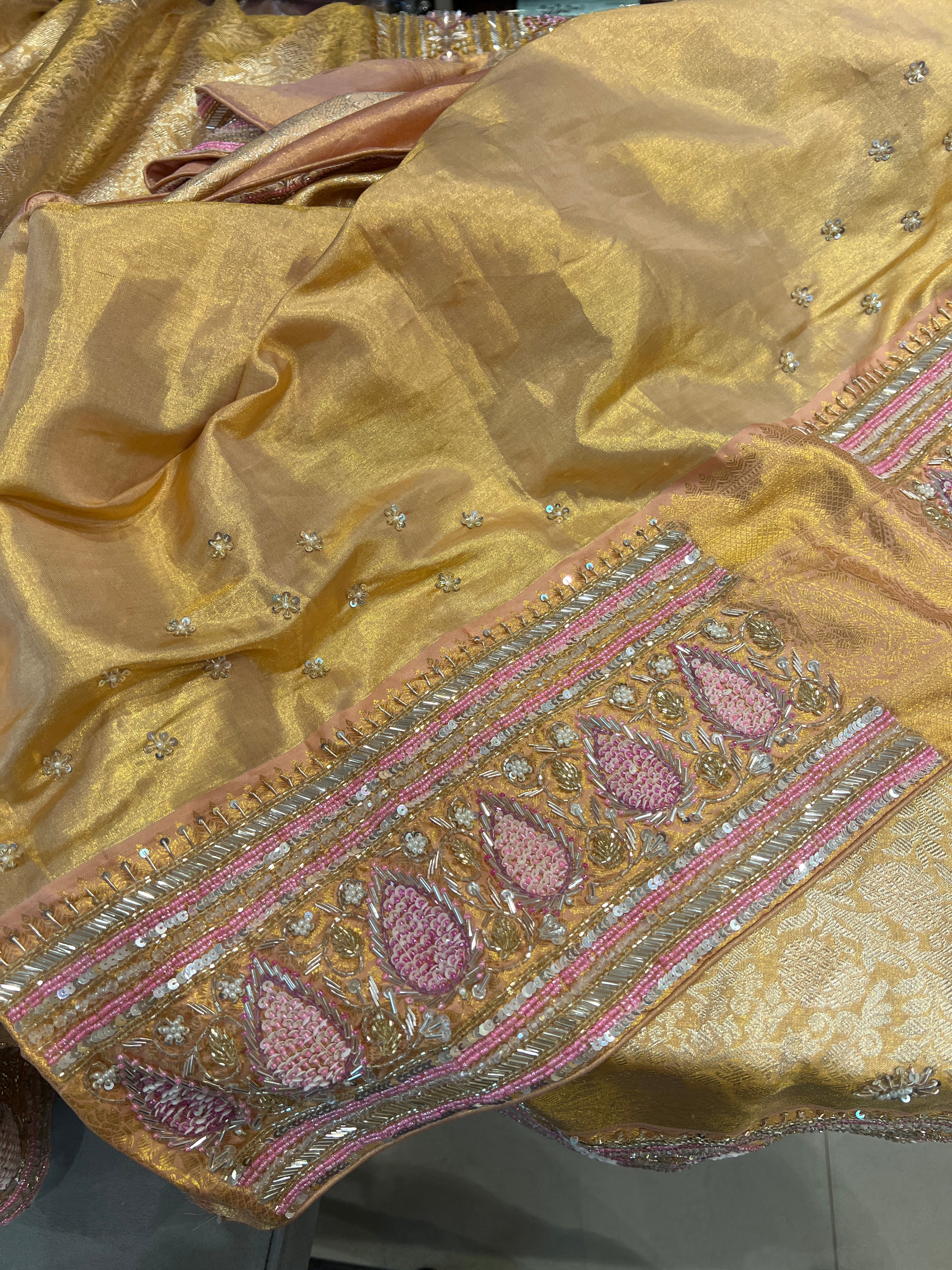 Golden Kanjivaram Moti Zardosi Hand Embroidery Saree