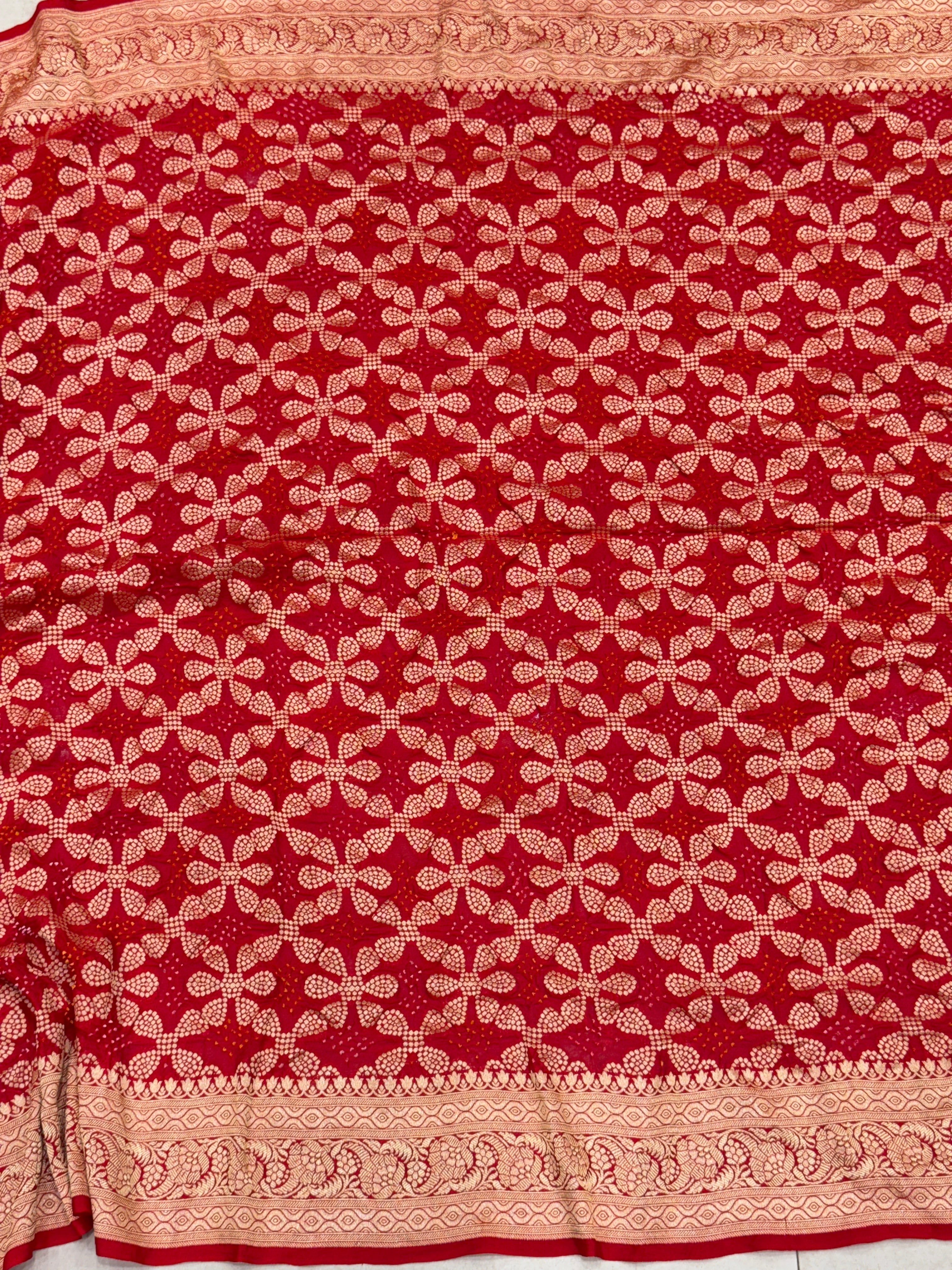 Red Five Petals Bandhej Bandhini Saree