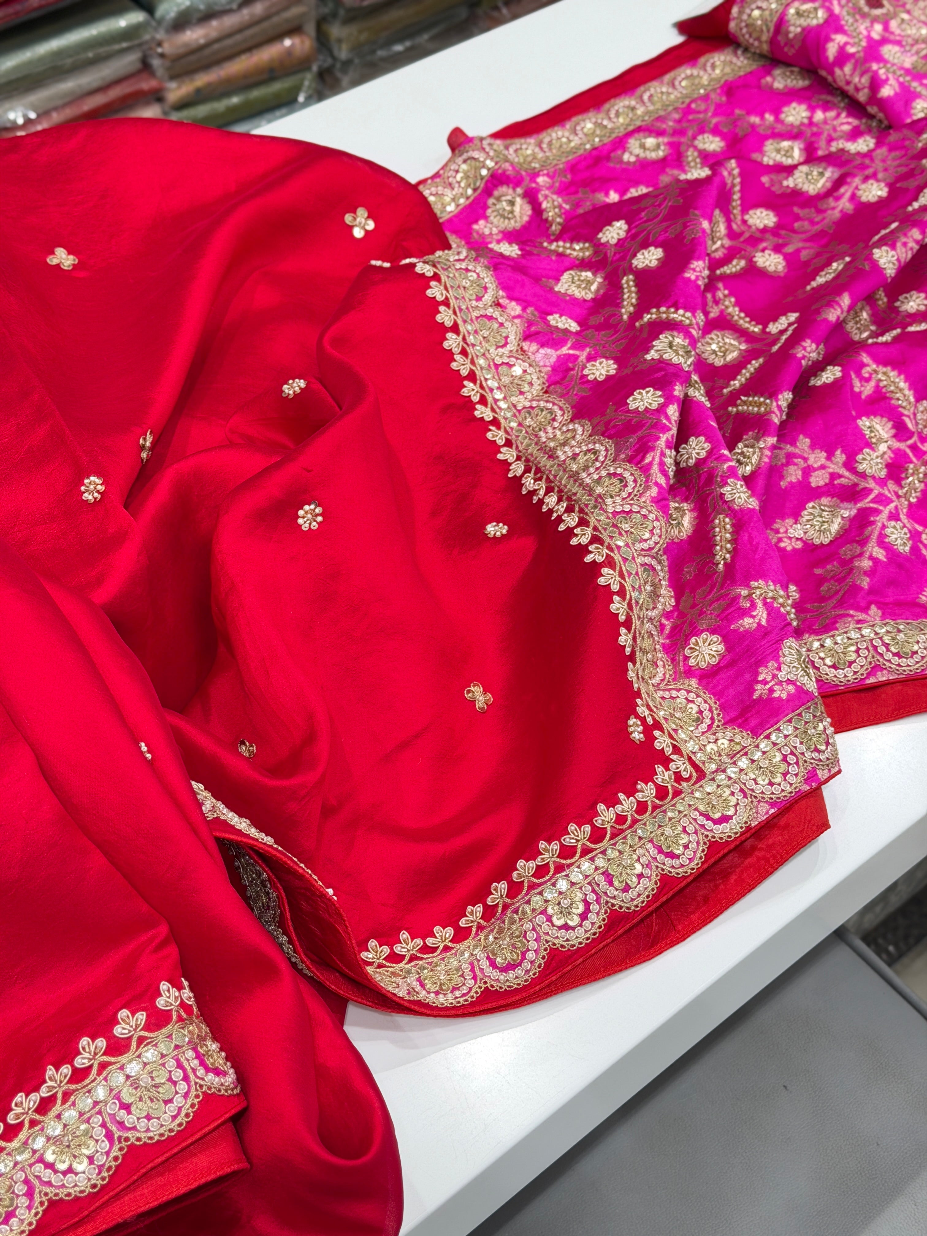 Red Rani Pink Pure Silk Katan Marodi Hand Embroidery Fusion Saree