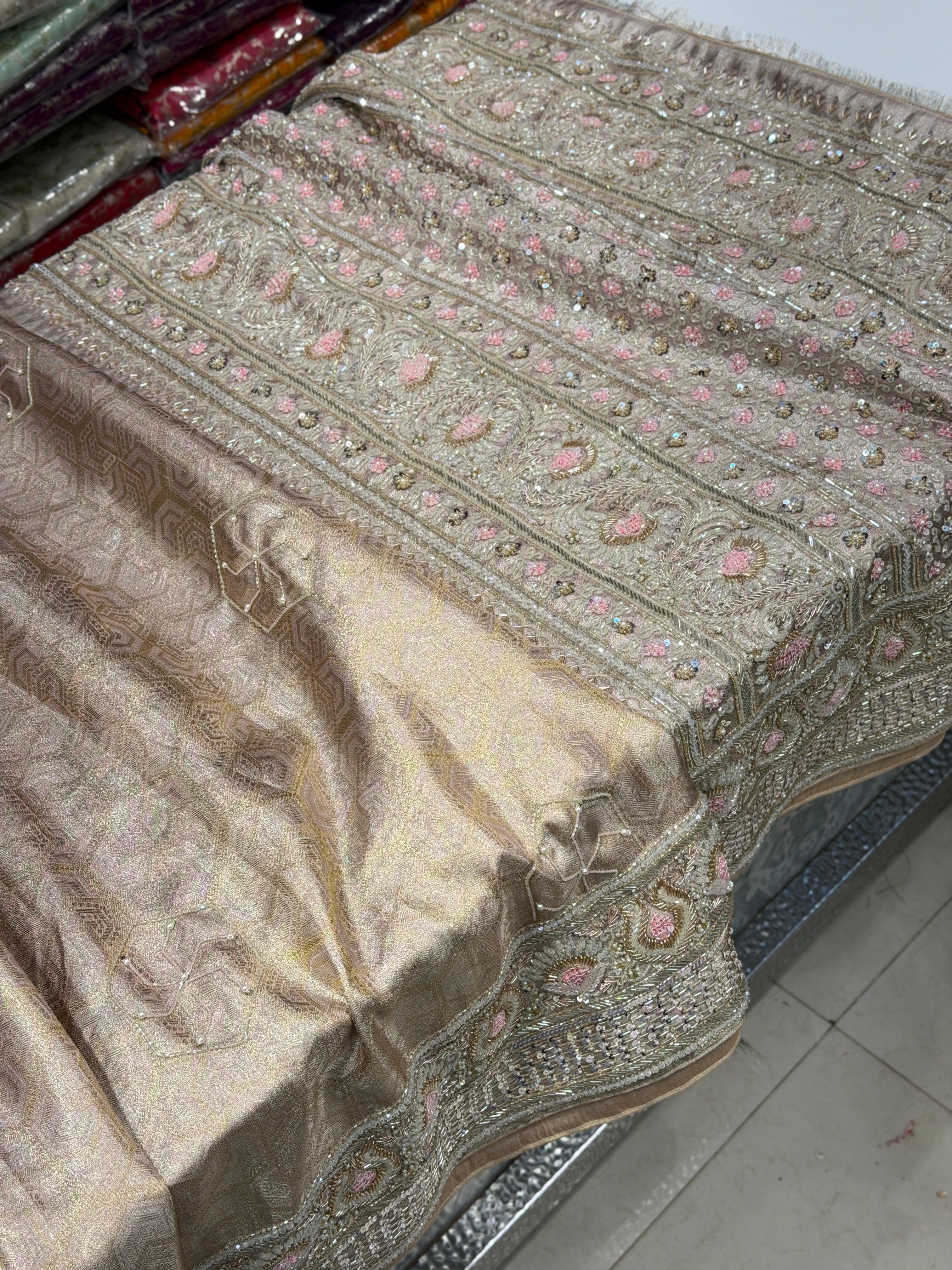 Pink on Silver Zari Handloom Kanjivaram Moti Zardosi Hand Embroidery Saree