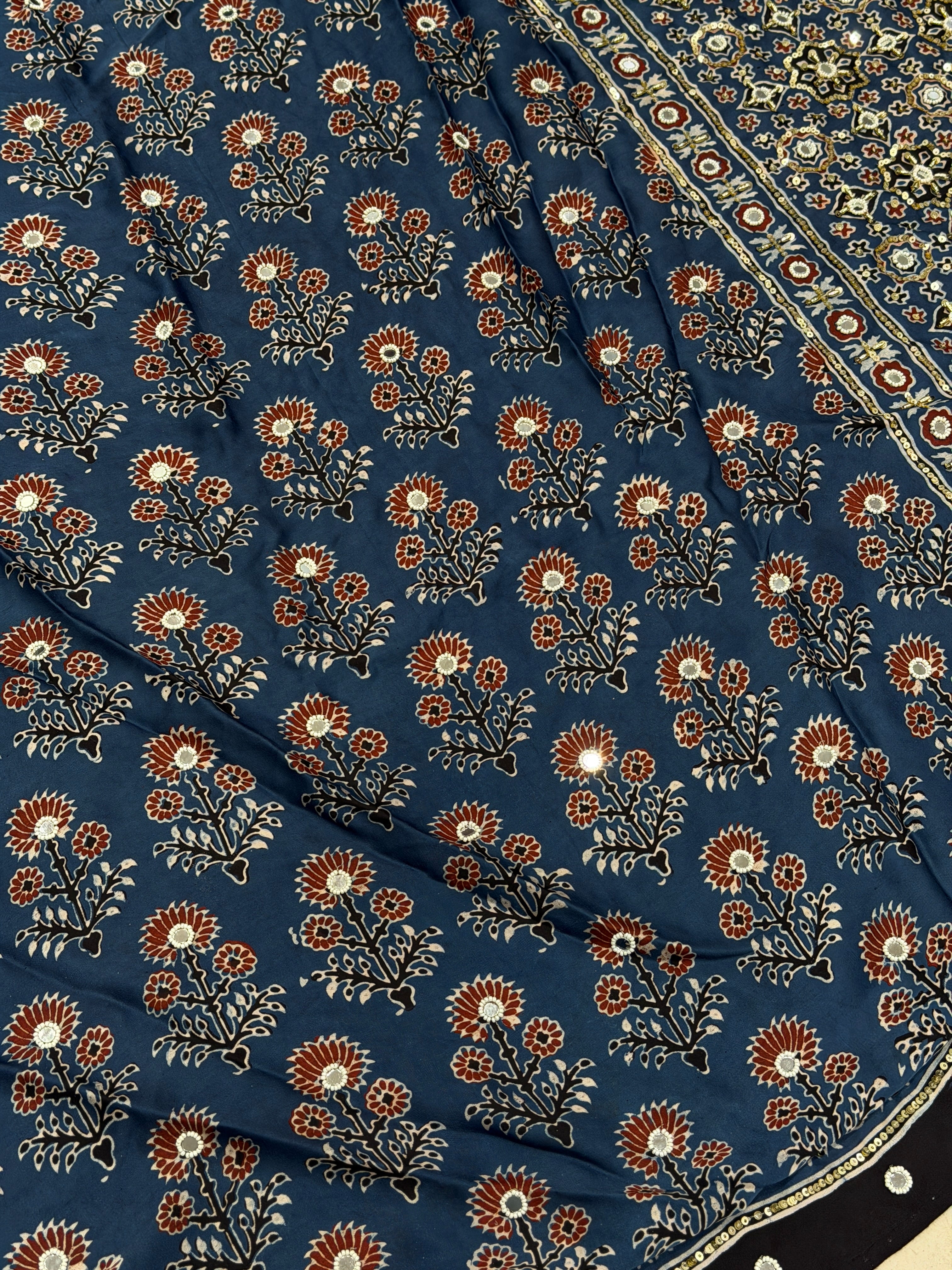 Blue Three Floral Buttas Ajrakh Real Mirror Moti Sequin Hand Embroidery Saree