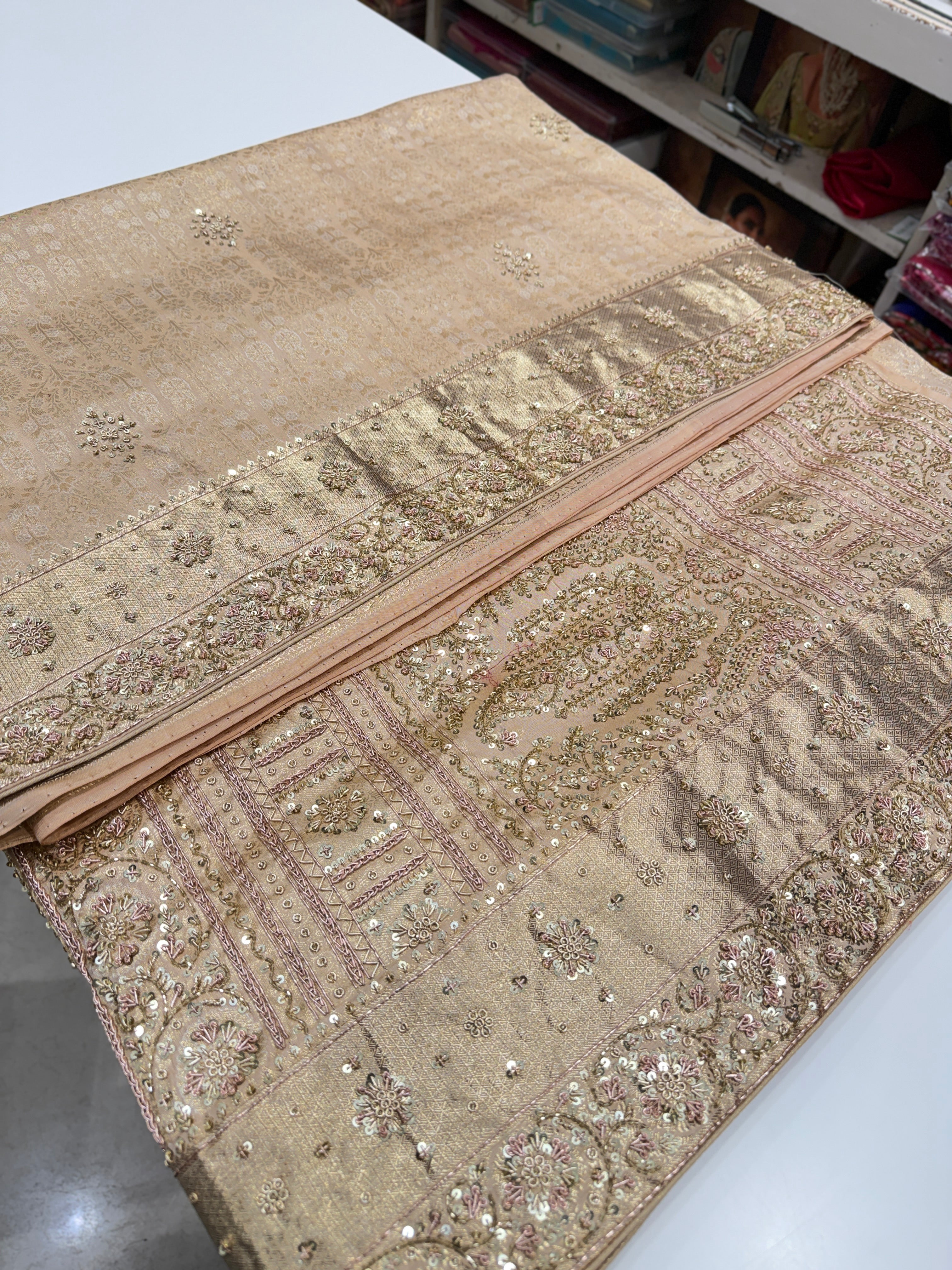 Beige Gold Crown Jaal Kanjivaram Zardosi Hand Embroidery Saree