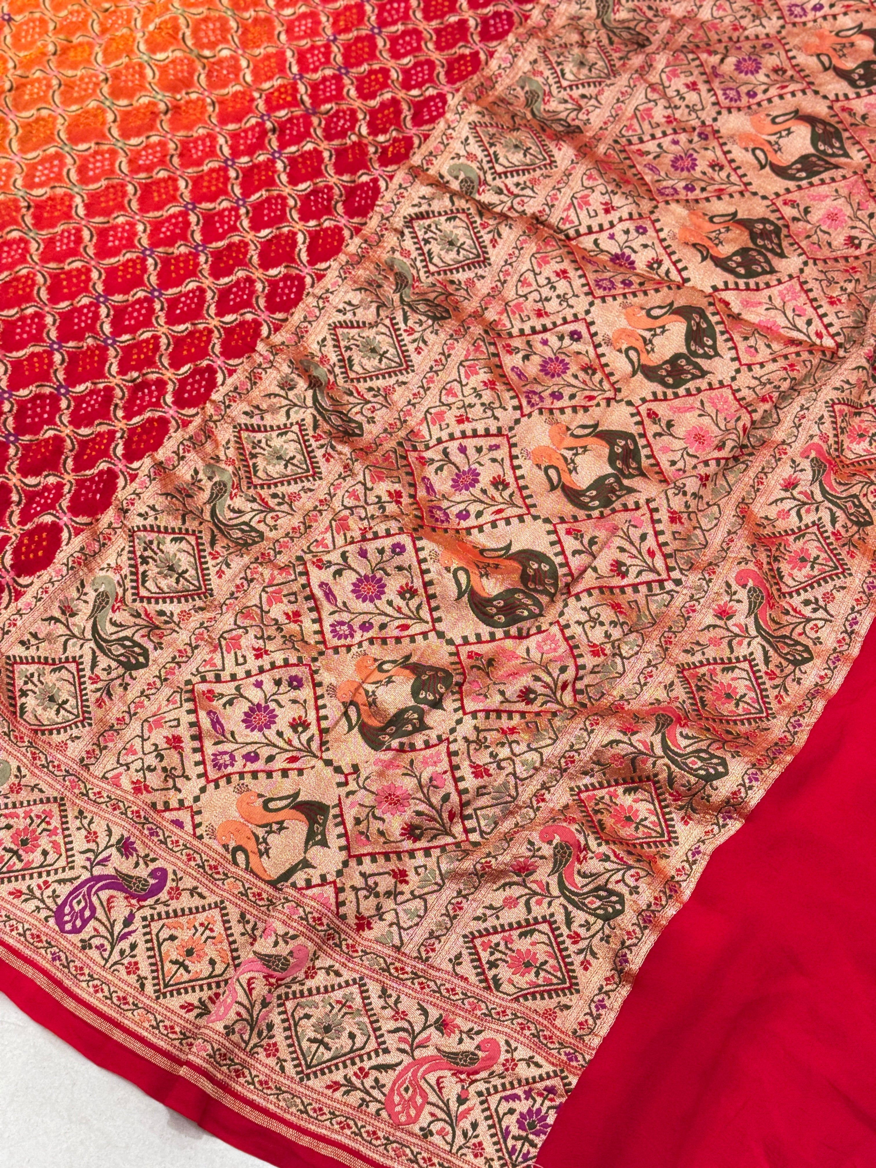 Shaded Orange Red Bandhej Meenakari Saree Rani Bandhej