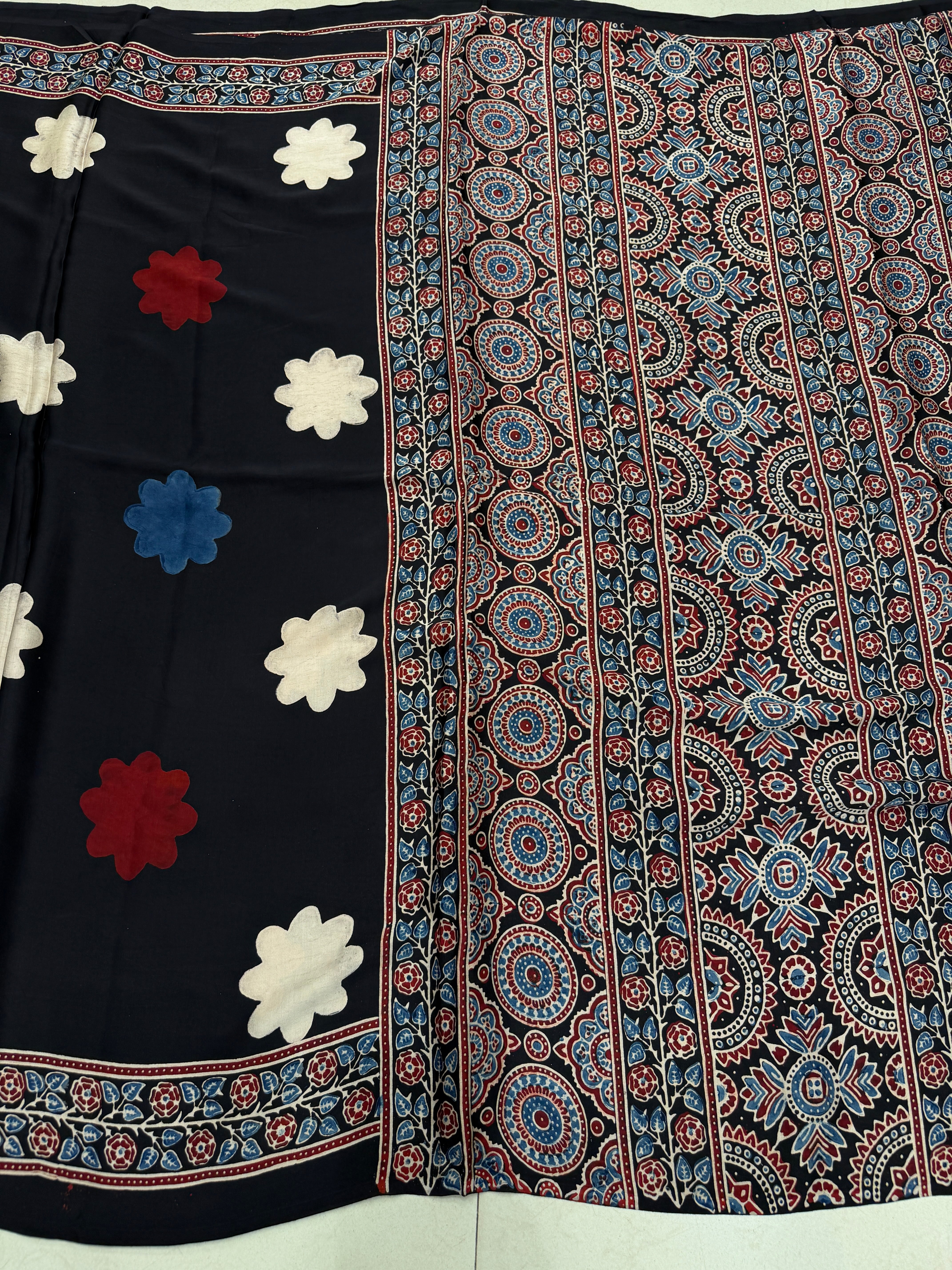 Black Sunflower Butta Ajrakh Block Print Hand Pure Gajji Silk Saree