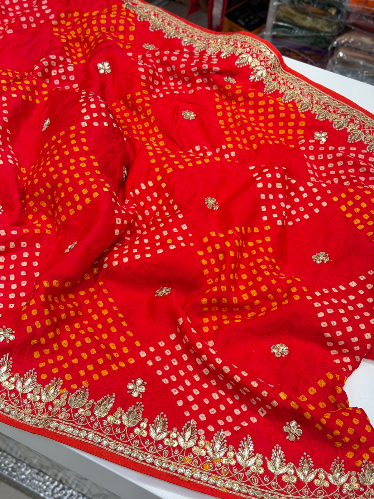 Red Jaal Faabiiana Inspired Gajji Silk Rai Bandhej Gotapatti Marodi Hand Embroidery Saree
