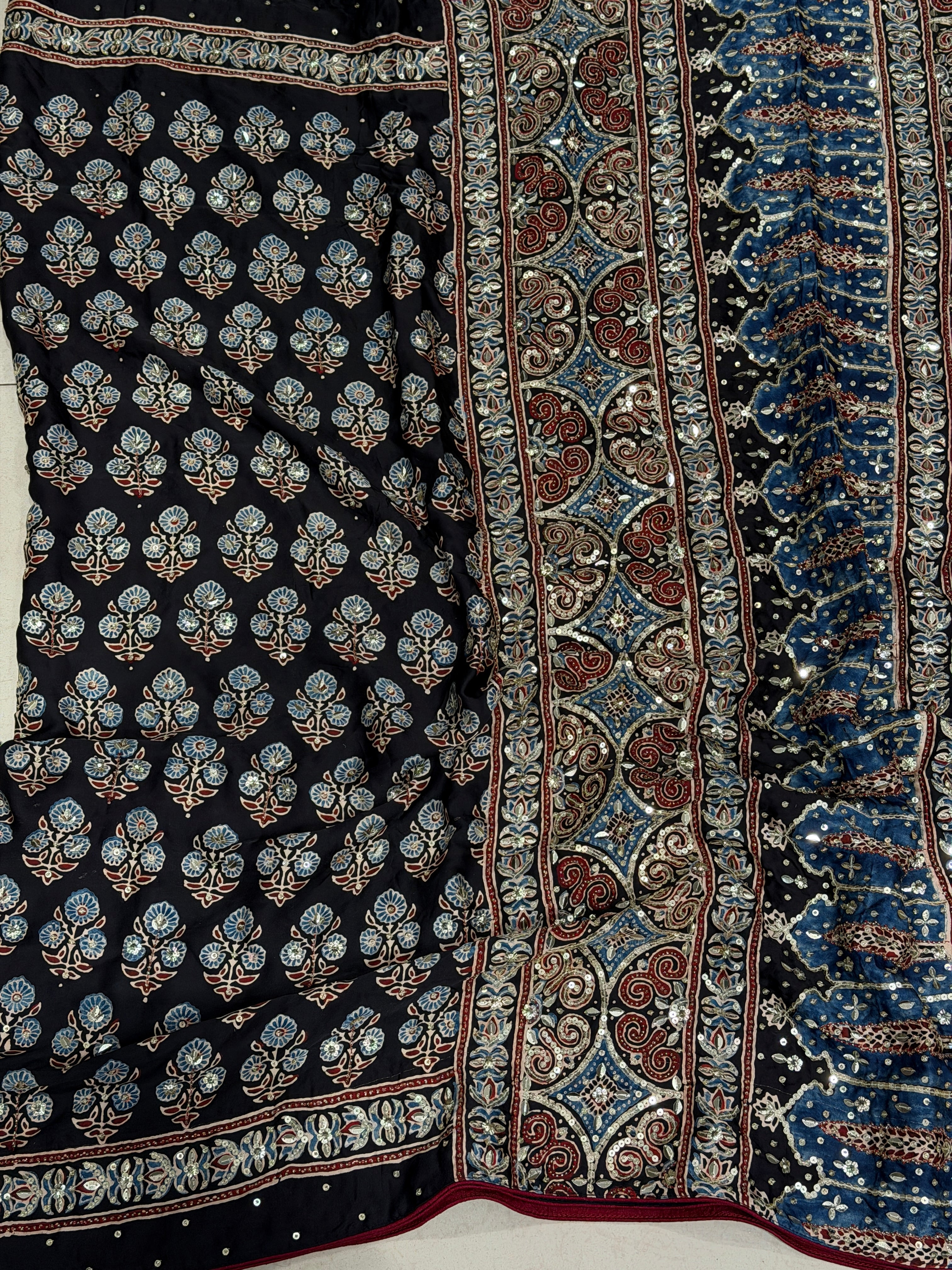 Black Butti Ajrakh Sequin Moti Hand Embroidery Saree
