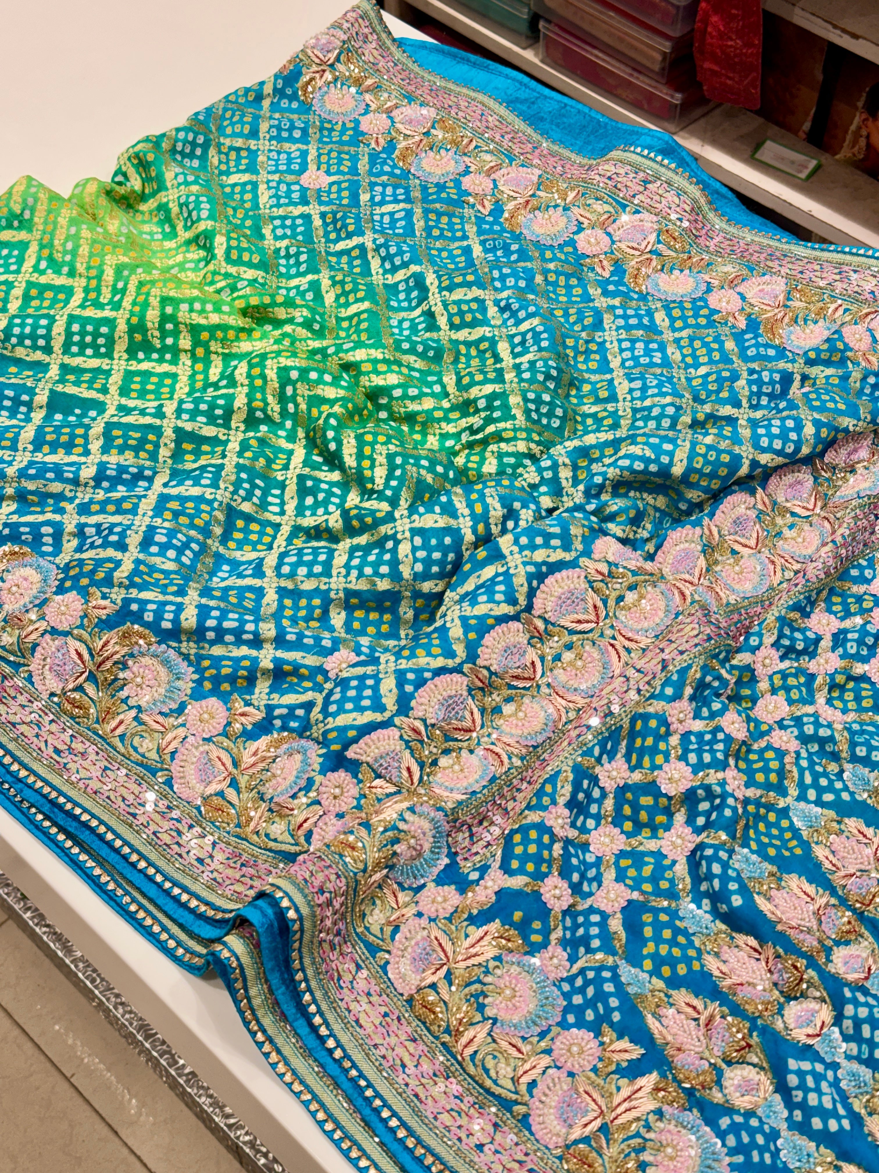 Jhanvi Kapoor Inspire Bandhej Hand Embroidery Saree