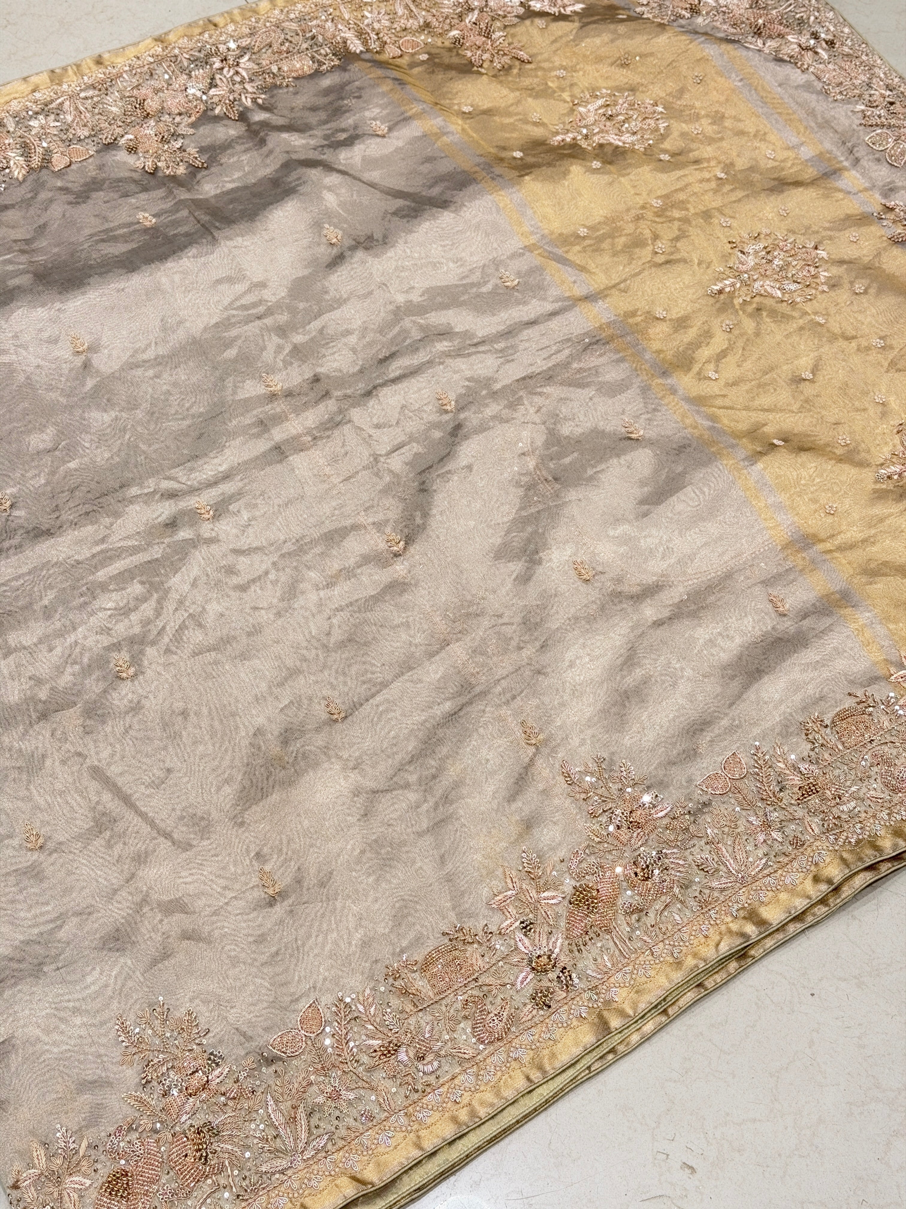 Tissue Parsi Style Zardosi Hand Embroidery Saree