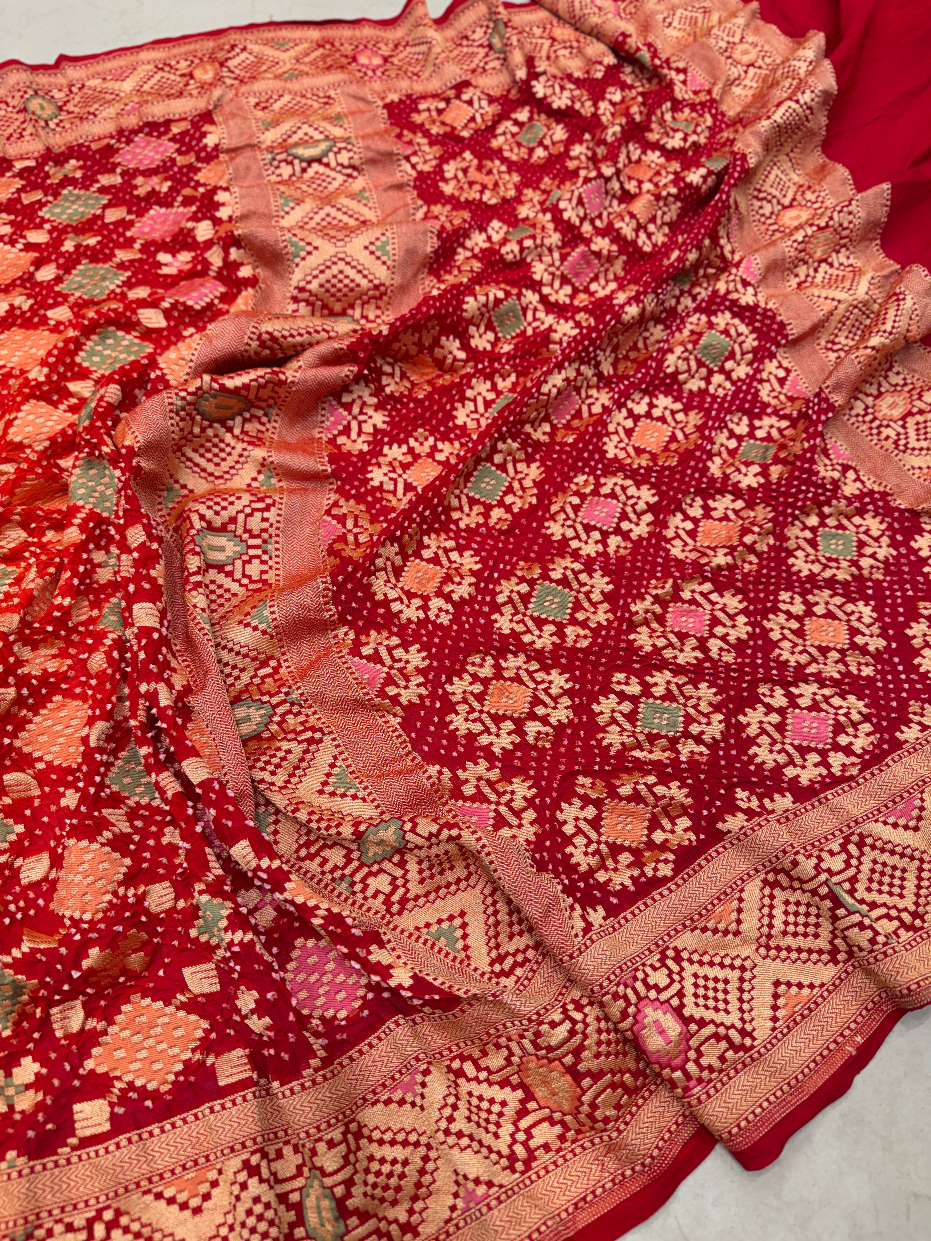 Orange Red Shaded Patola Weave Meenakari Georgette Bandhej Saree