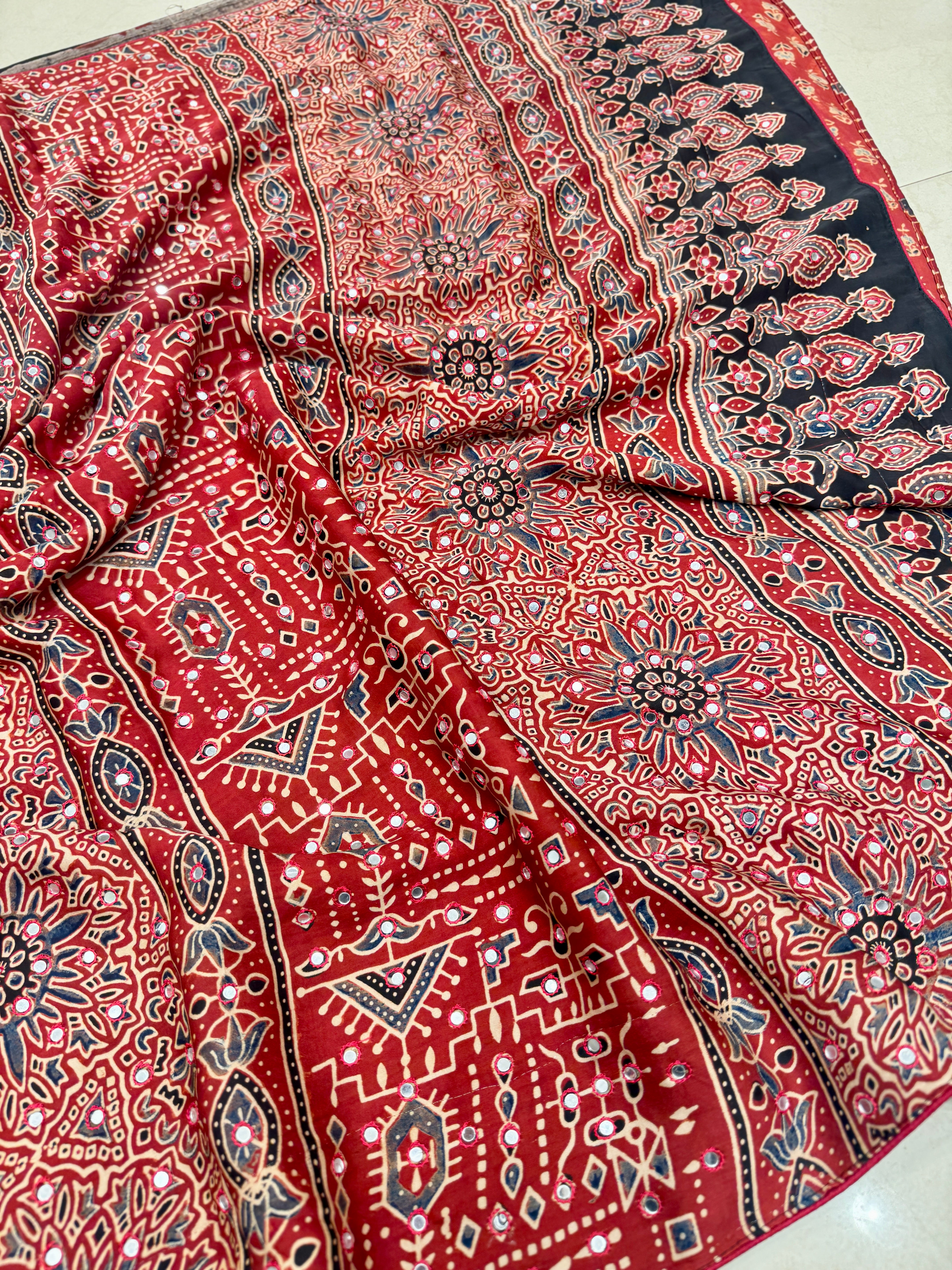 Red Butti Ajrakh Sequin Mirror Resham Hand Embroidery Saree