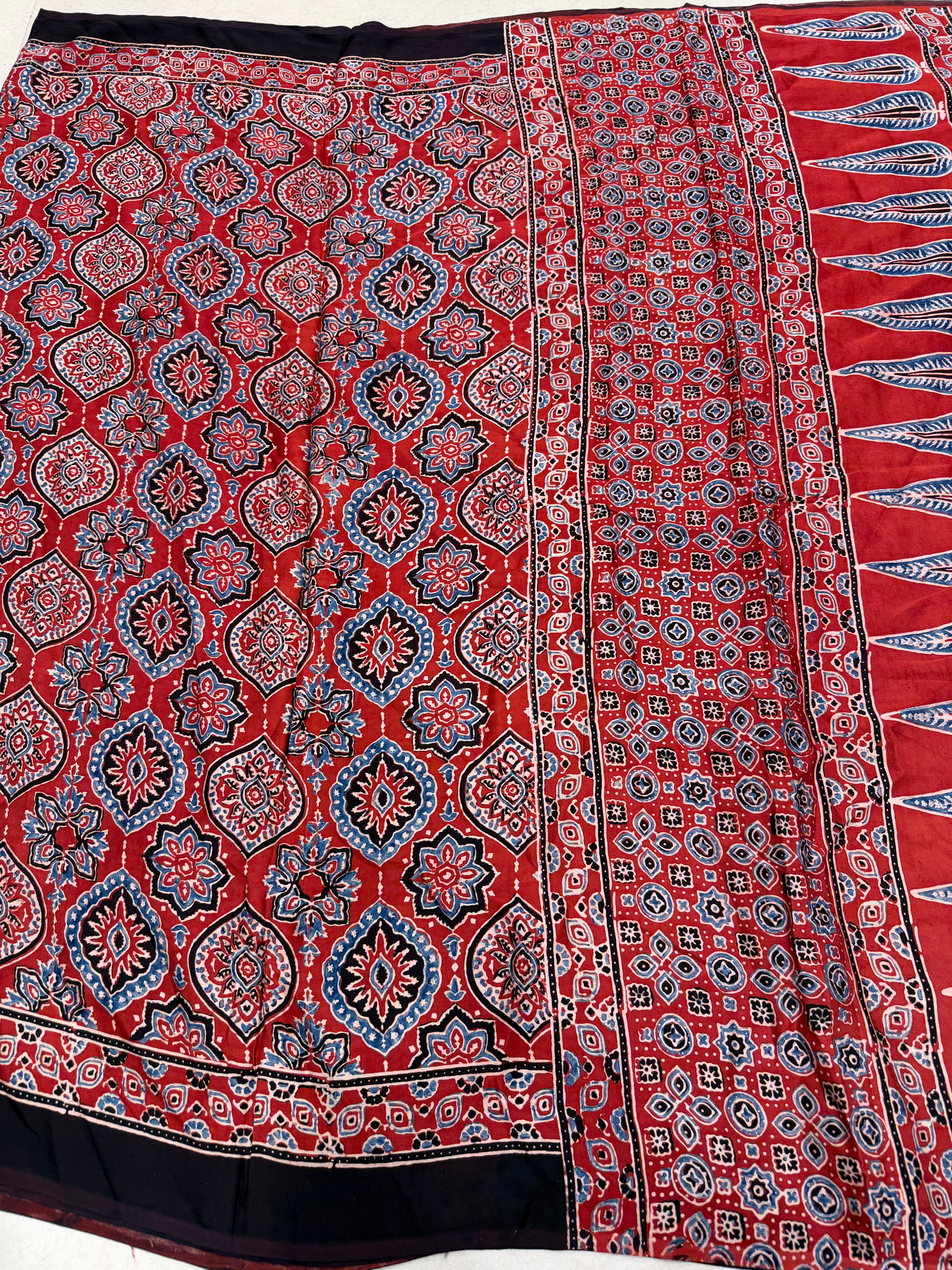 Red Badam Jaal Ajrakh Hand Block Print Pure Gajji Silk Saree