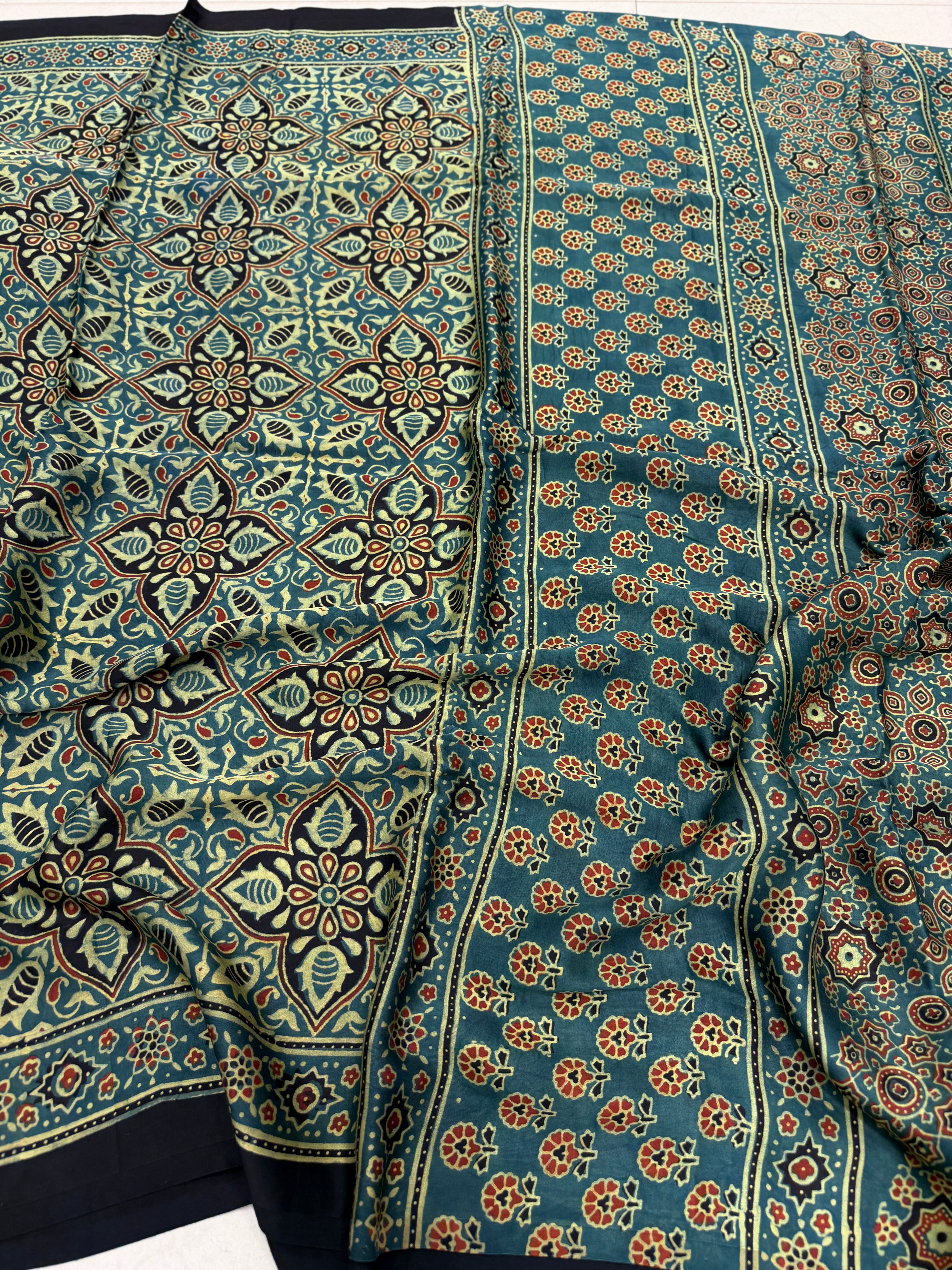 Green Elkweed Flower Buttis Ajrakh Hand Block Print Pure Modal Silk Saree