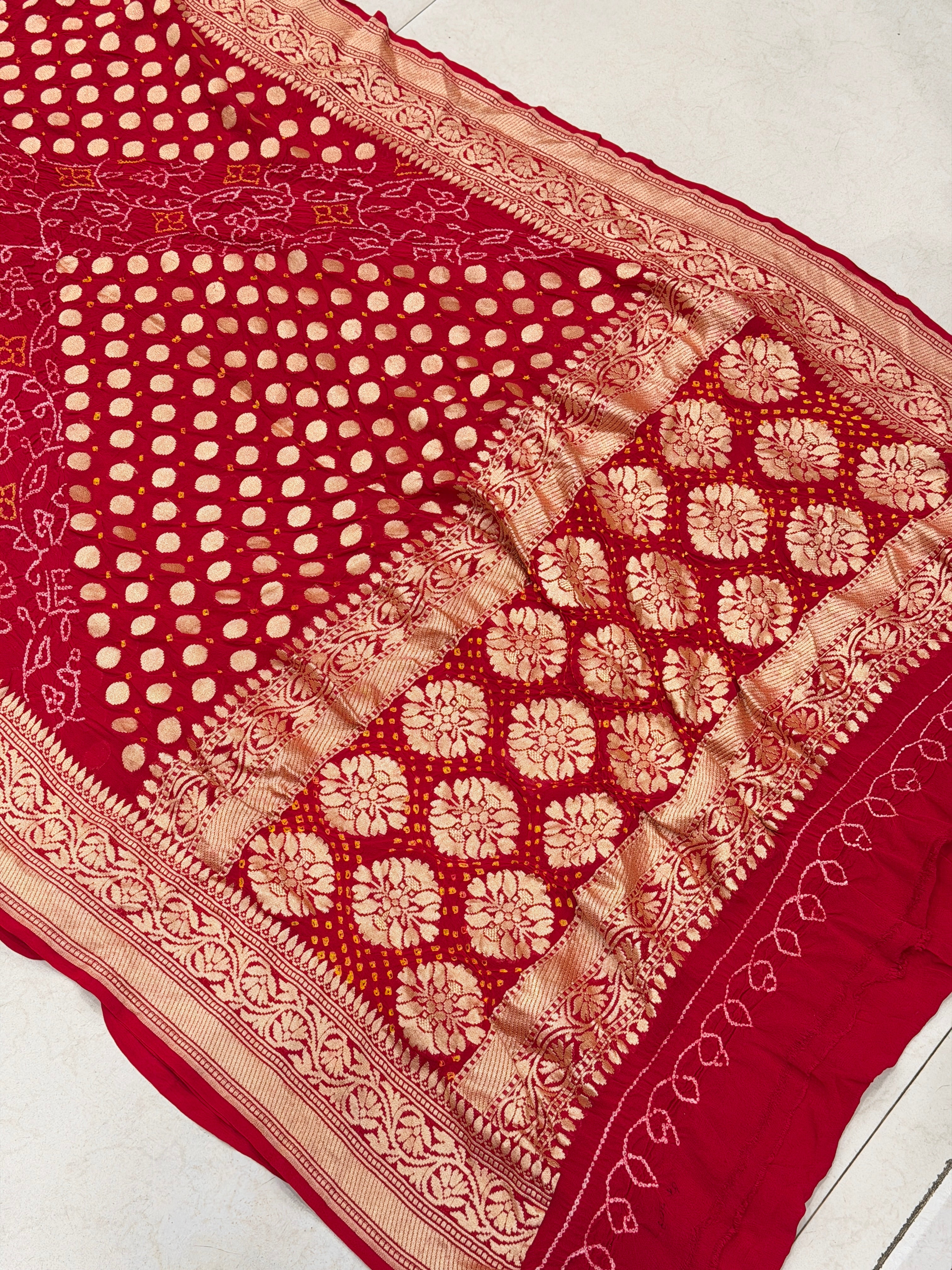 Red Metro Butti Rai Bandhej Banarasi Khaddi Georgette Saree