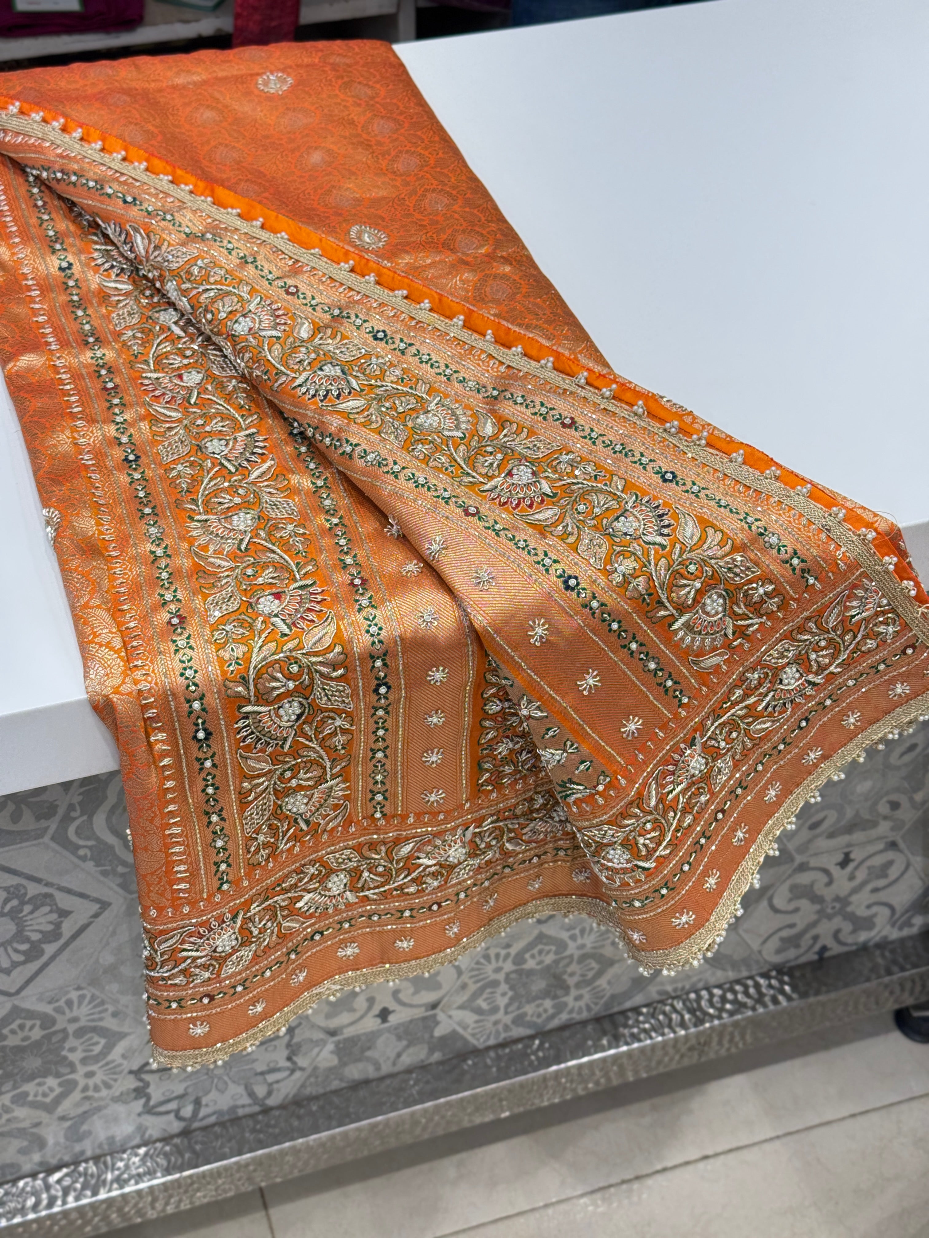 Orange Meenakari Banarasi Zardosi Hand Embroidery Saree