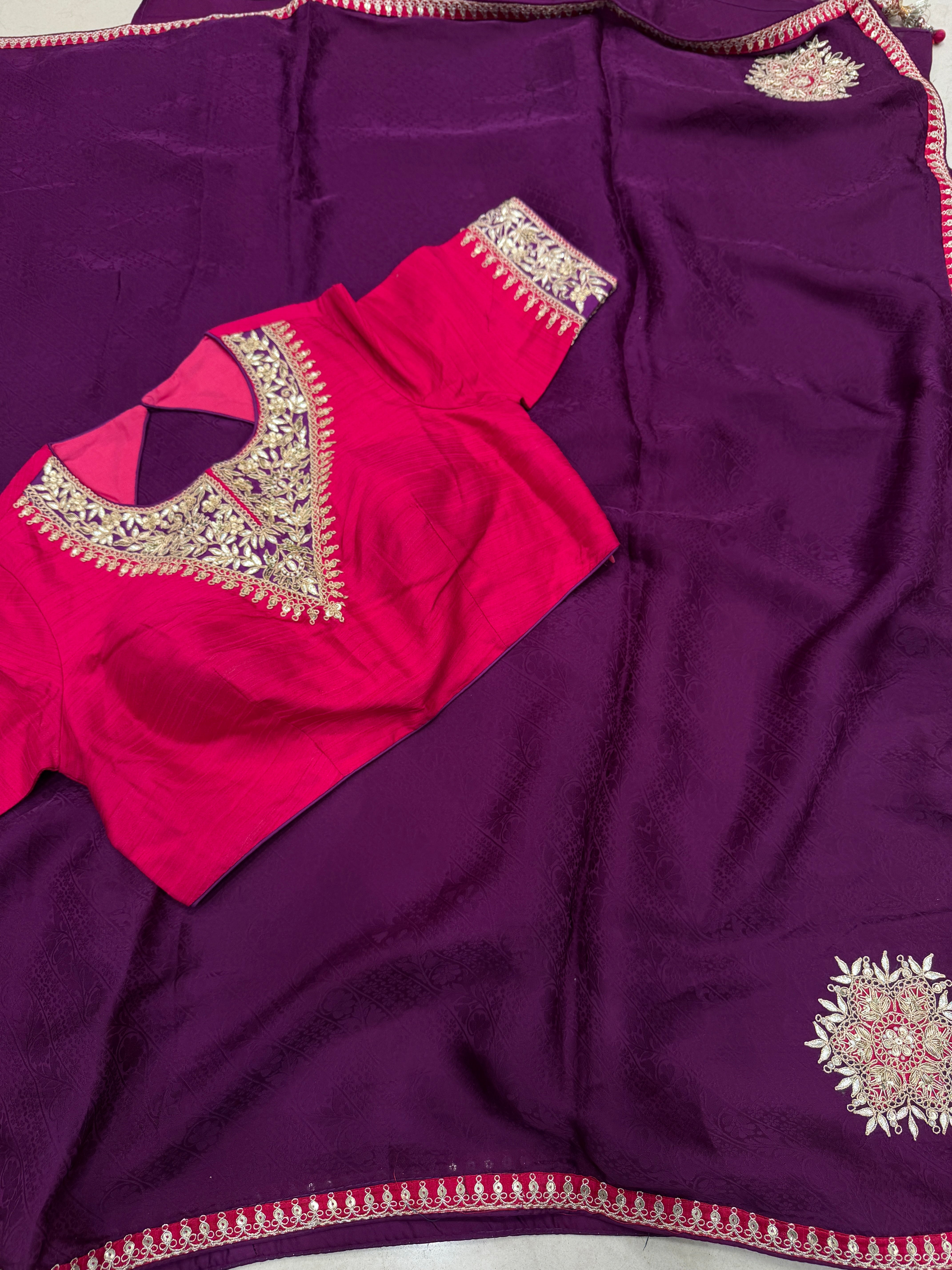 Violet Jaquard Crepe Saree with Gotapatti Marodi Stitched Blouse