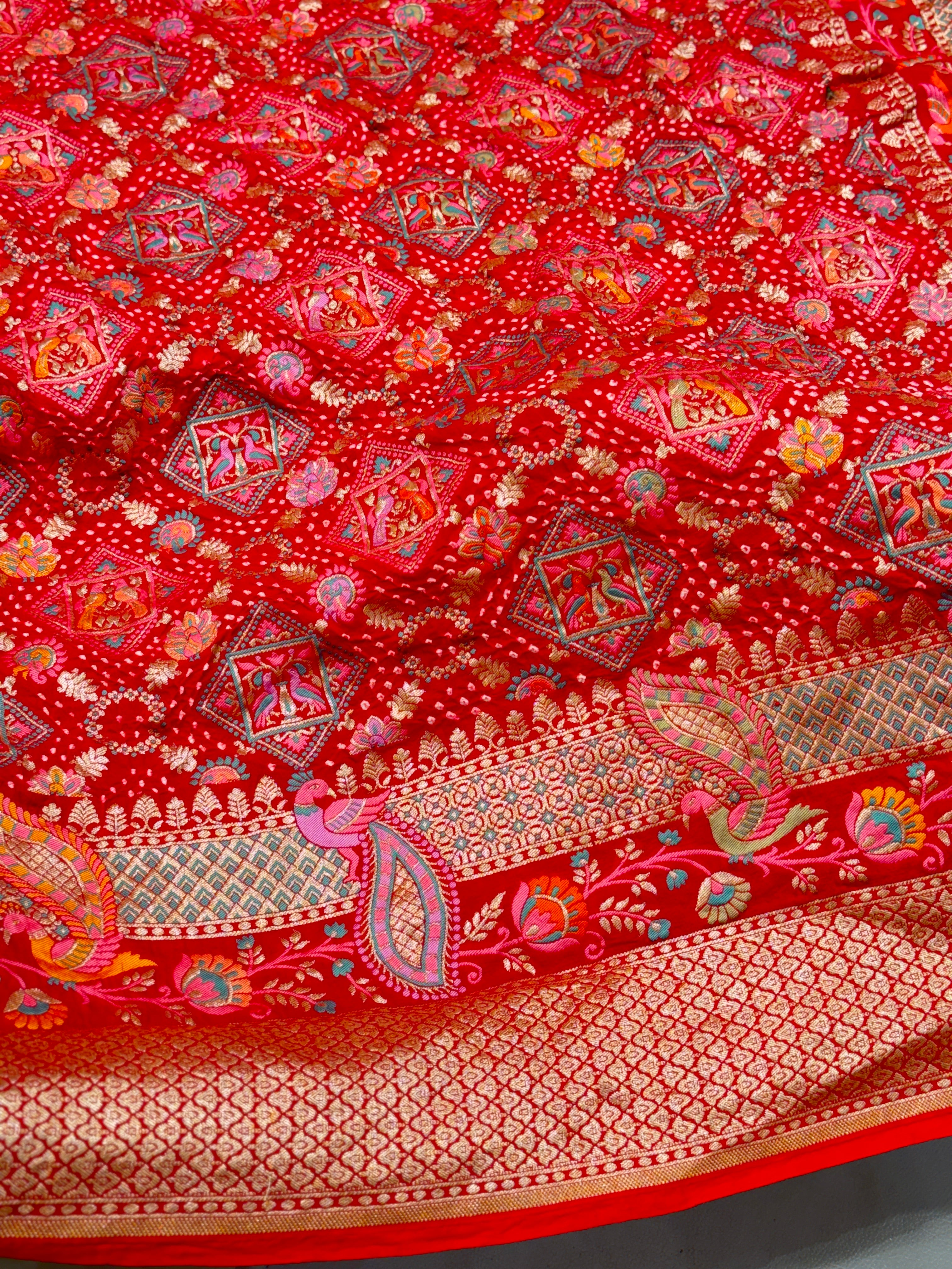 Red Meenakari Handmade Bandhej Saree