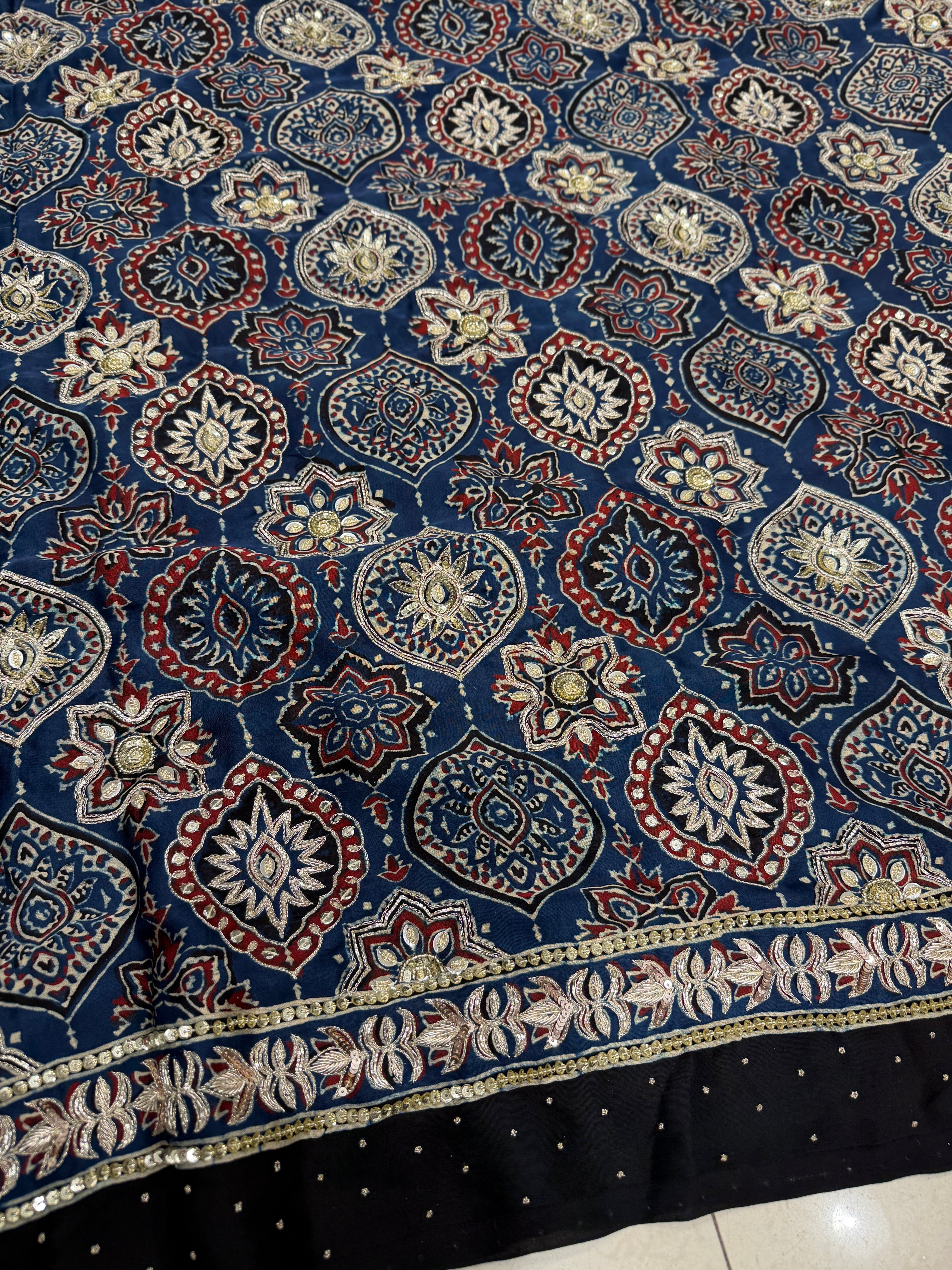 Blue Red Badam Butta Pita Zardosi Sequin Ajrakh Hand Embroidery Saree