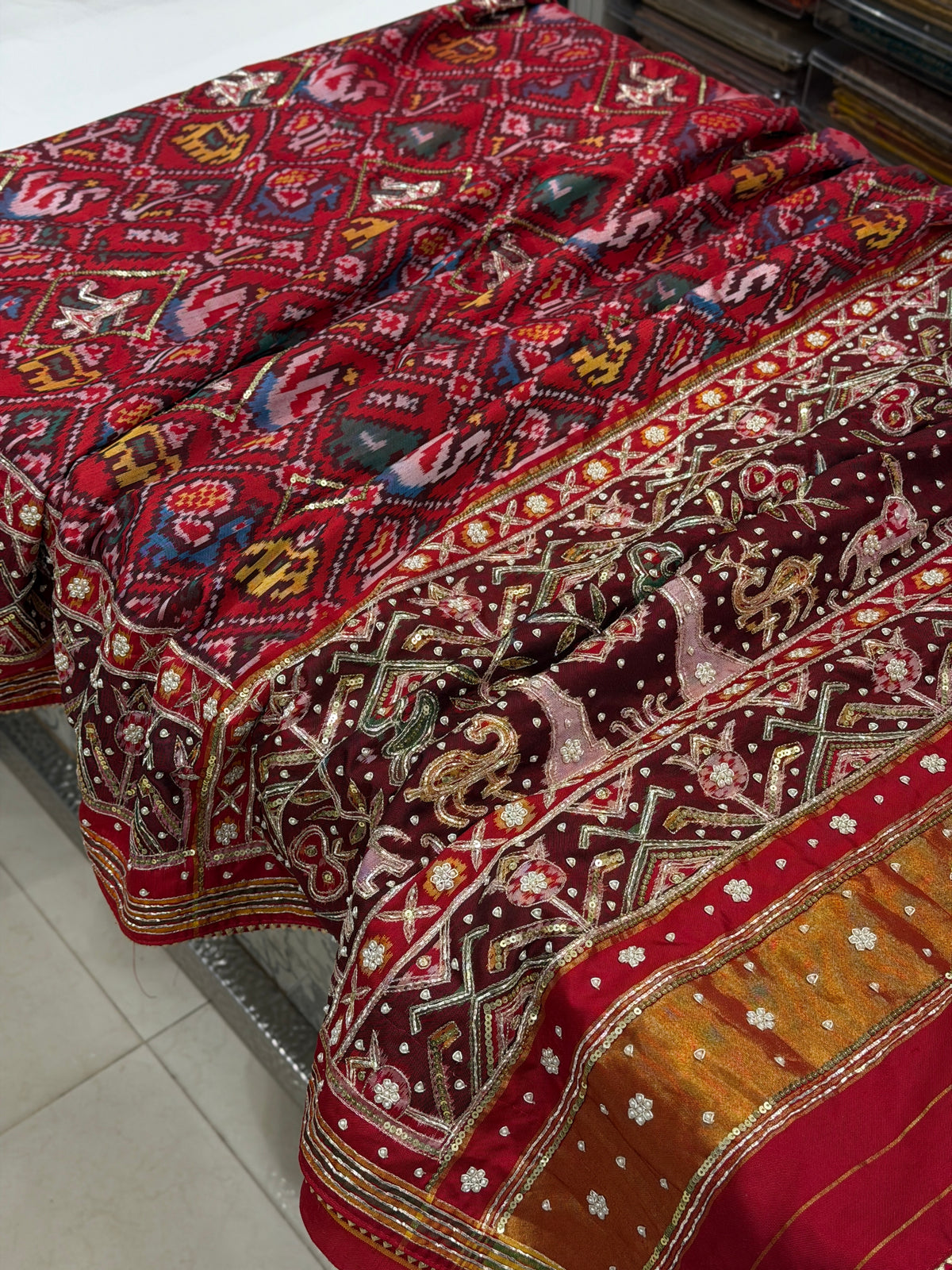 Red Handloom Patan Patola Hand Embroidery Pita Zardosi Saree