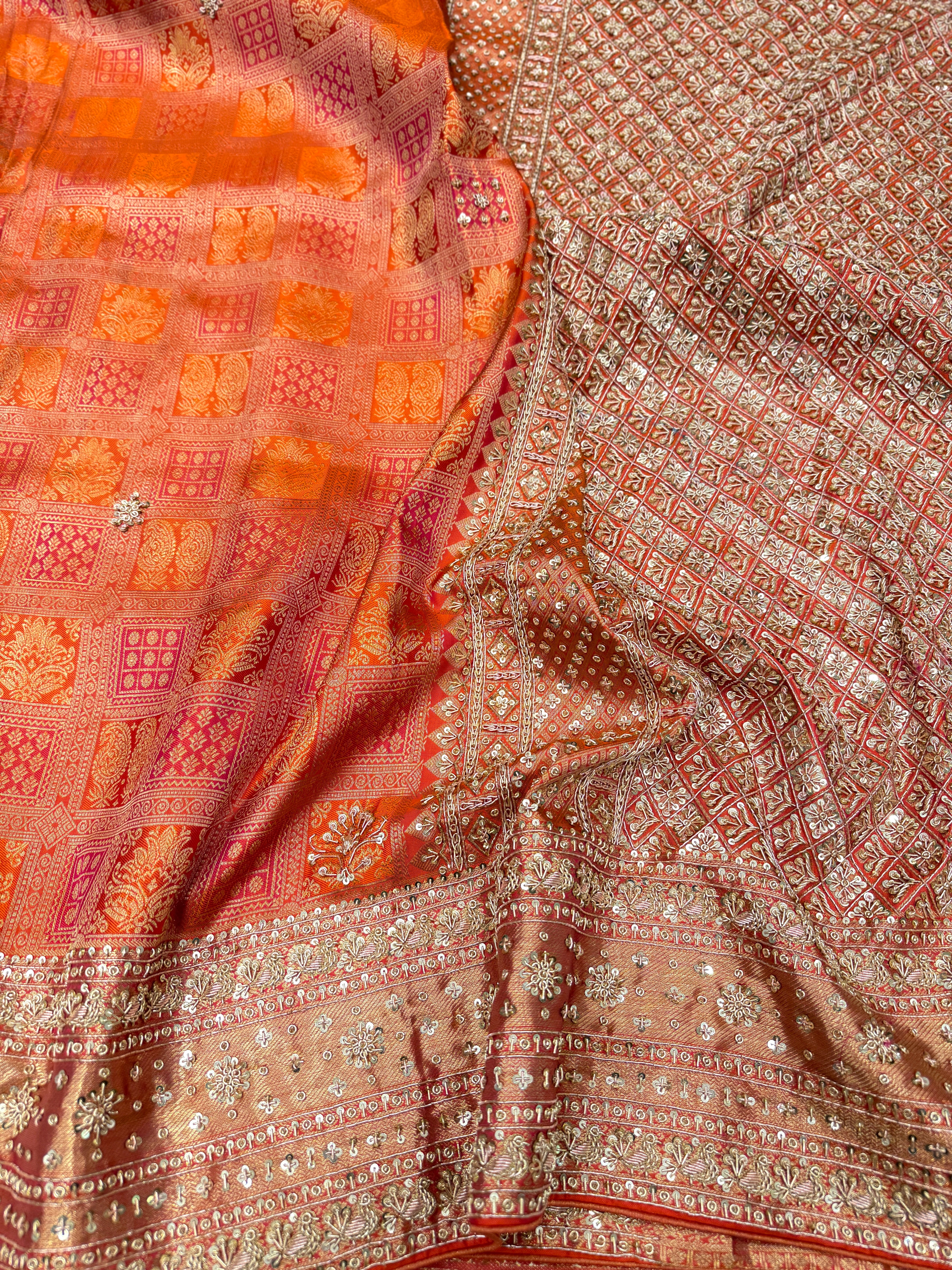 Orange Kanjivaram Zardosi Hand Embroidery Saree