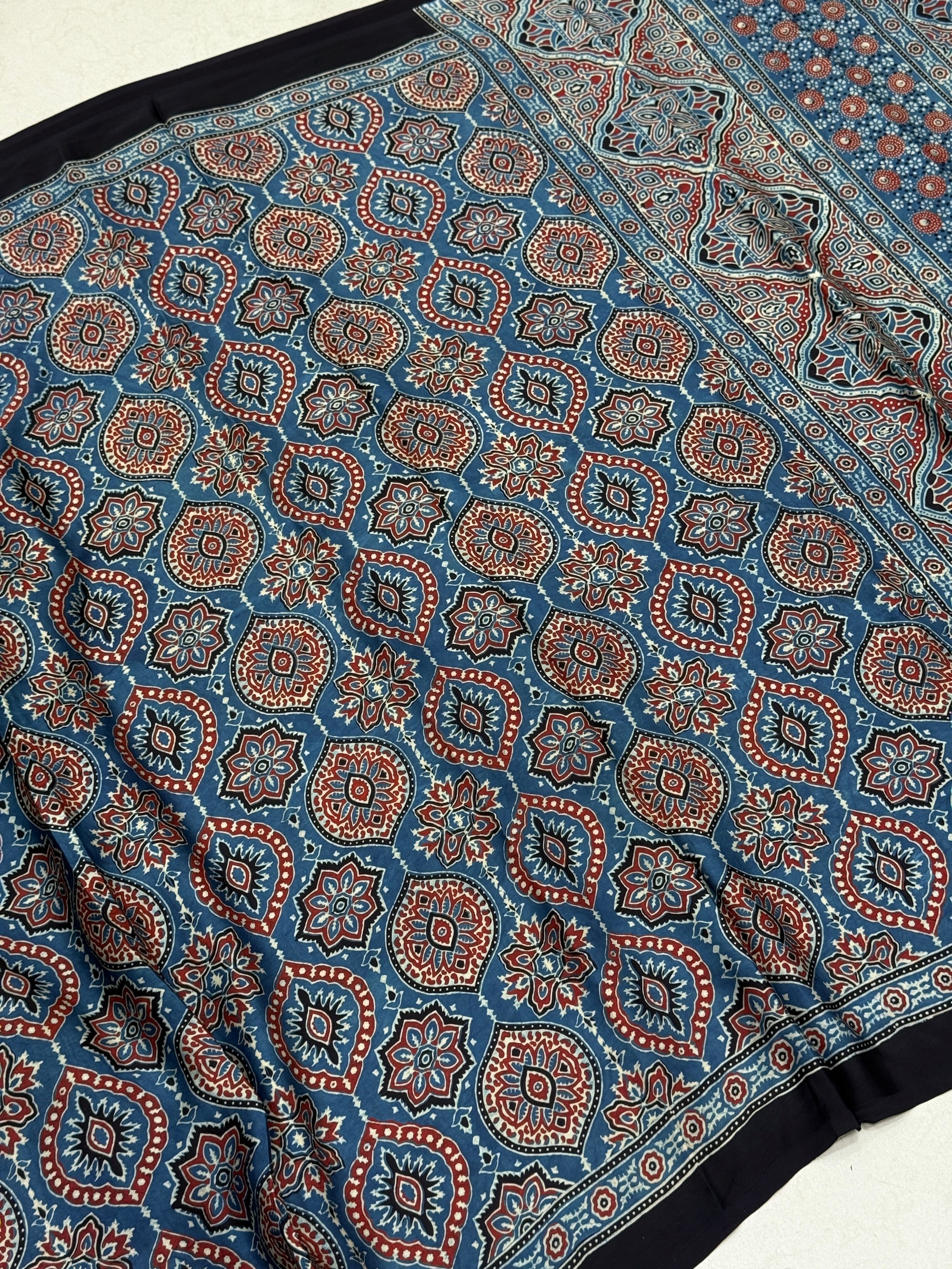 Blue Jewelled Flower Ajrakh Modal Gajji Silk Saree