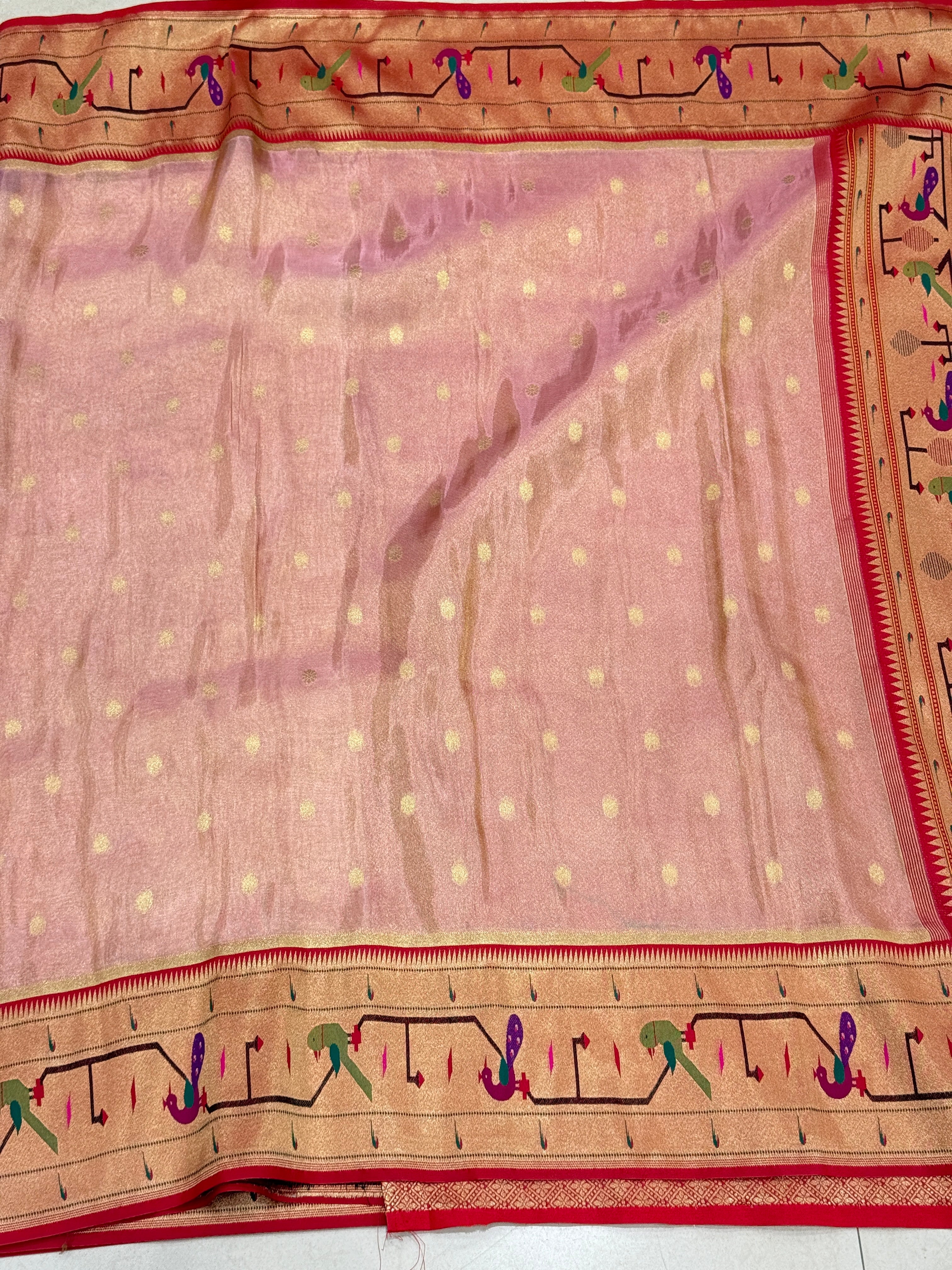 Pink Tissue Paithani Peacock Parrot Border Saree