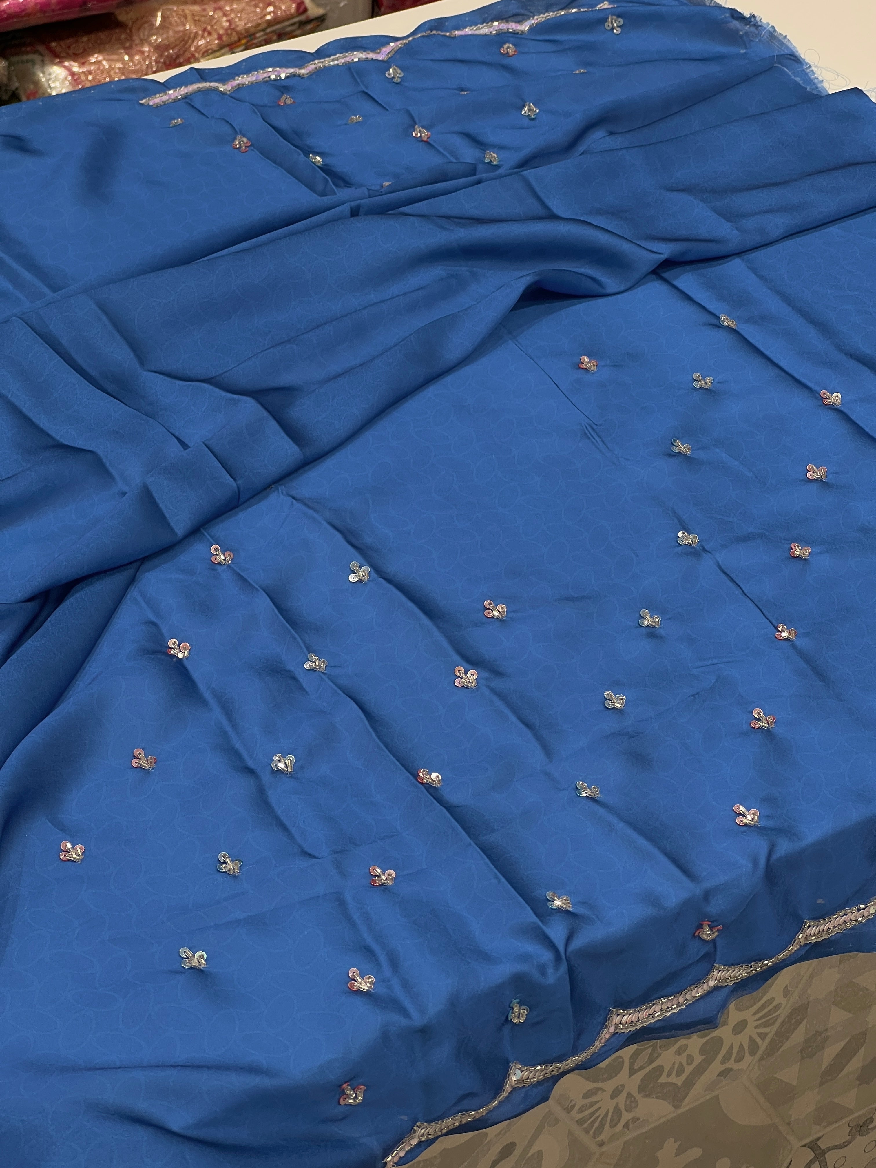 Blue Satin Red Flower Hand Embroidery Saree