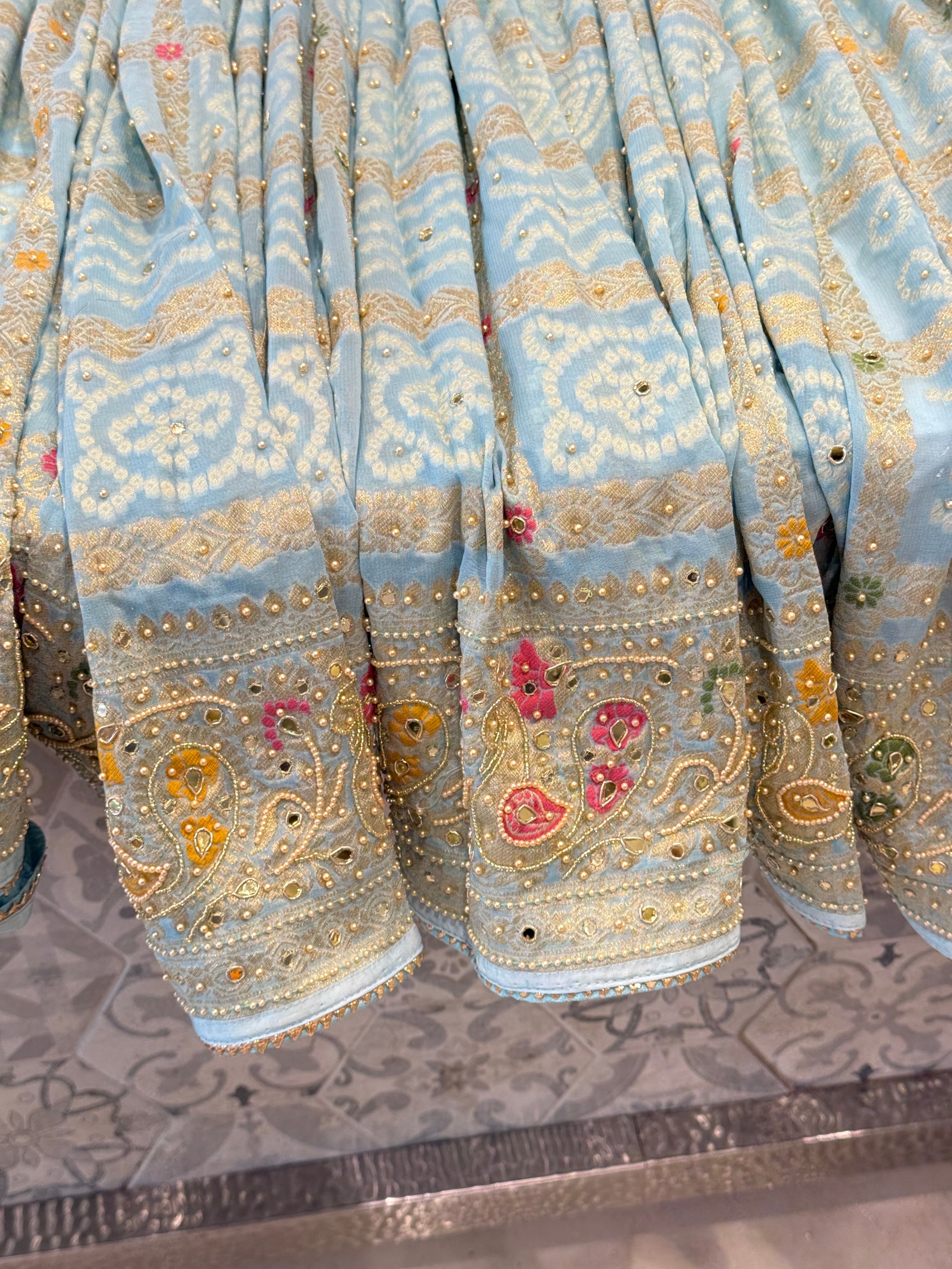 Light Blue Gharchola Moti Hand Embroidery Saree