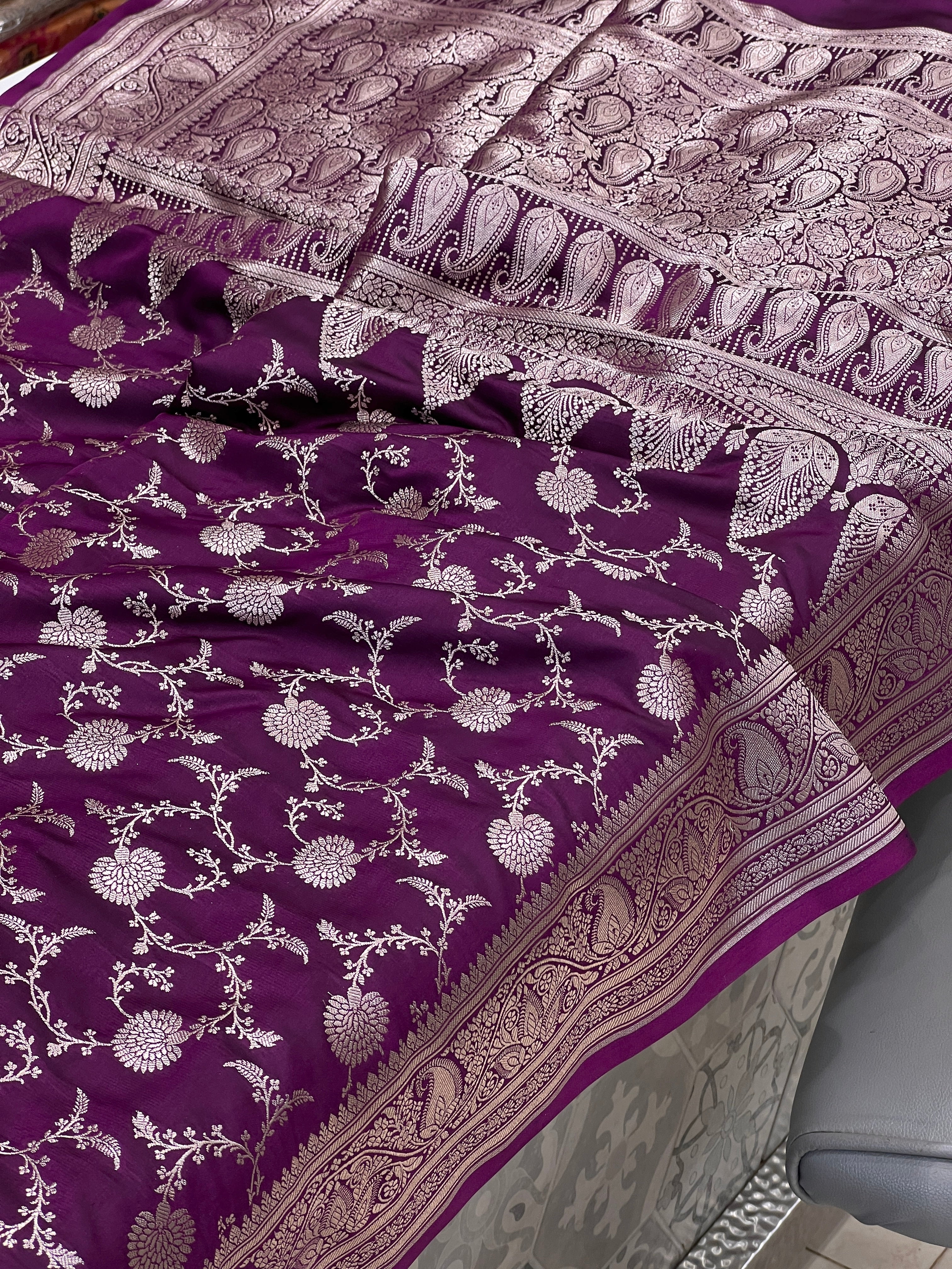 Purple Banarasi Silk Keari Leaf Pallu Saree