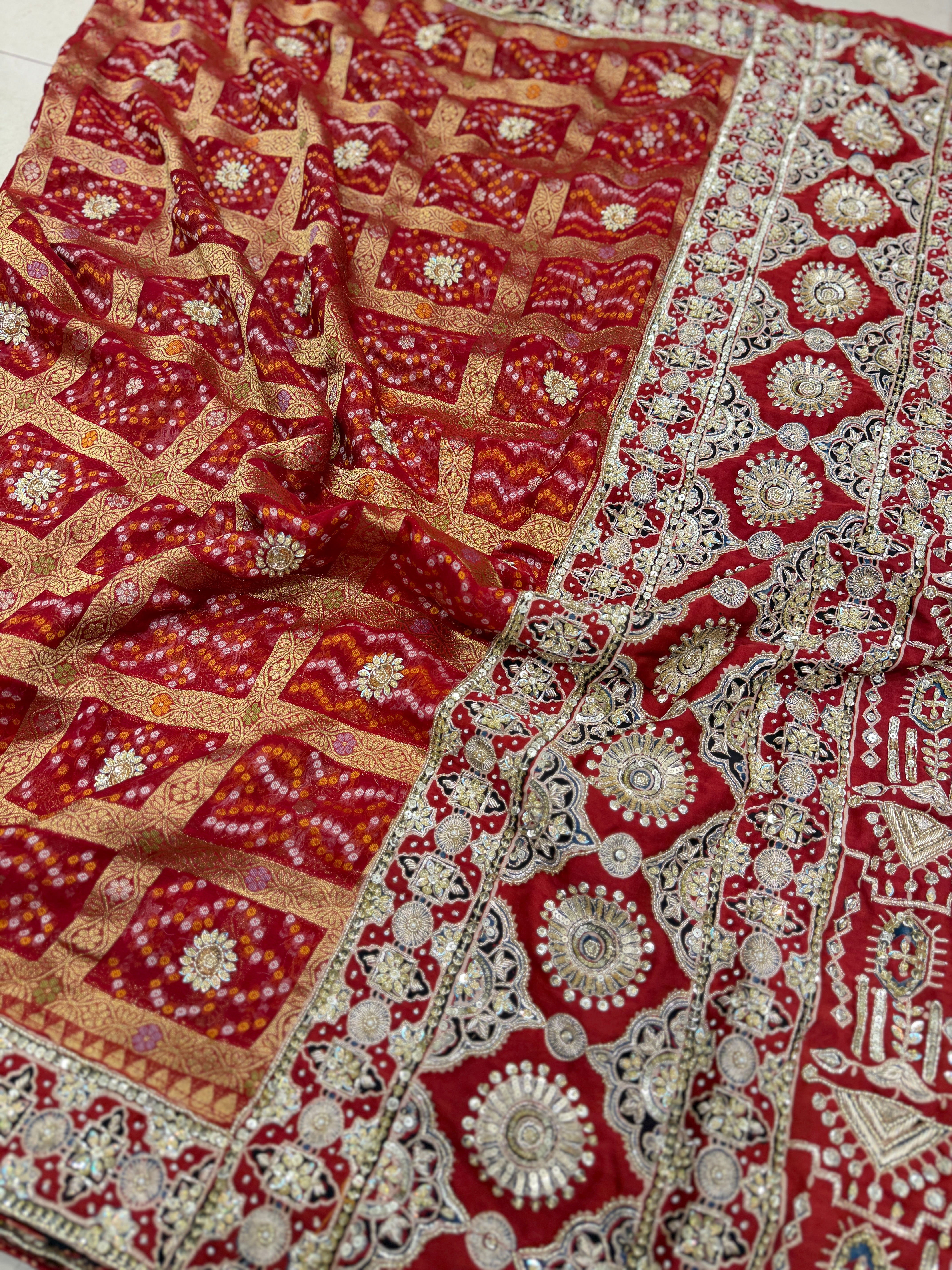Red Gharchola Ajrakh Zardosi Pita Hand Embroidery Saree