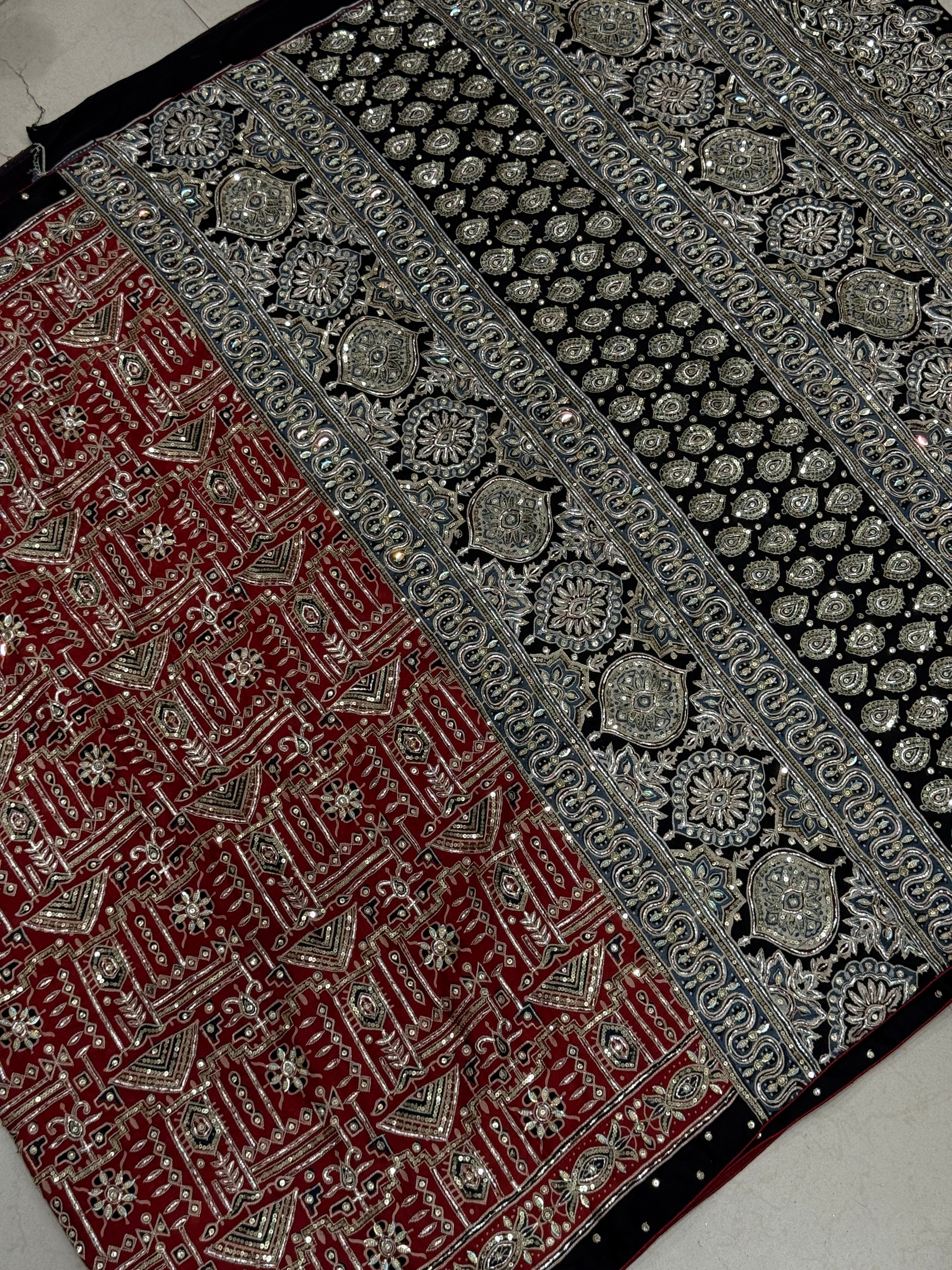 Red Contemporary Pita Zardosi Sequin Ajrakh Hand Embroidery Saree