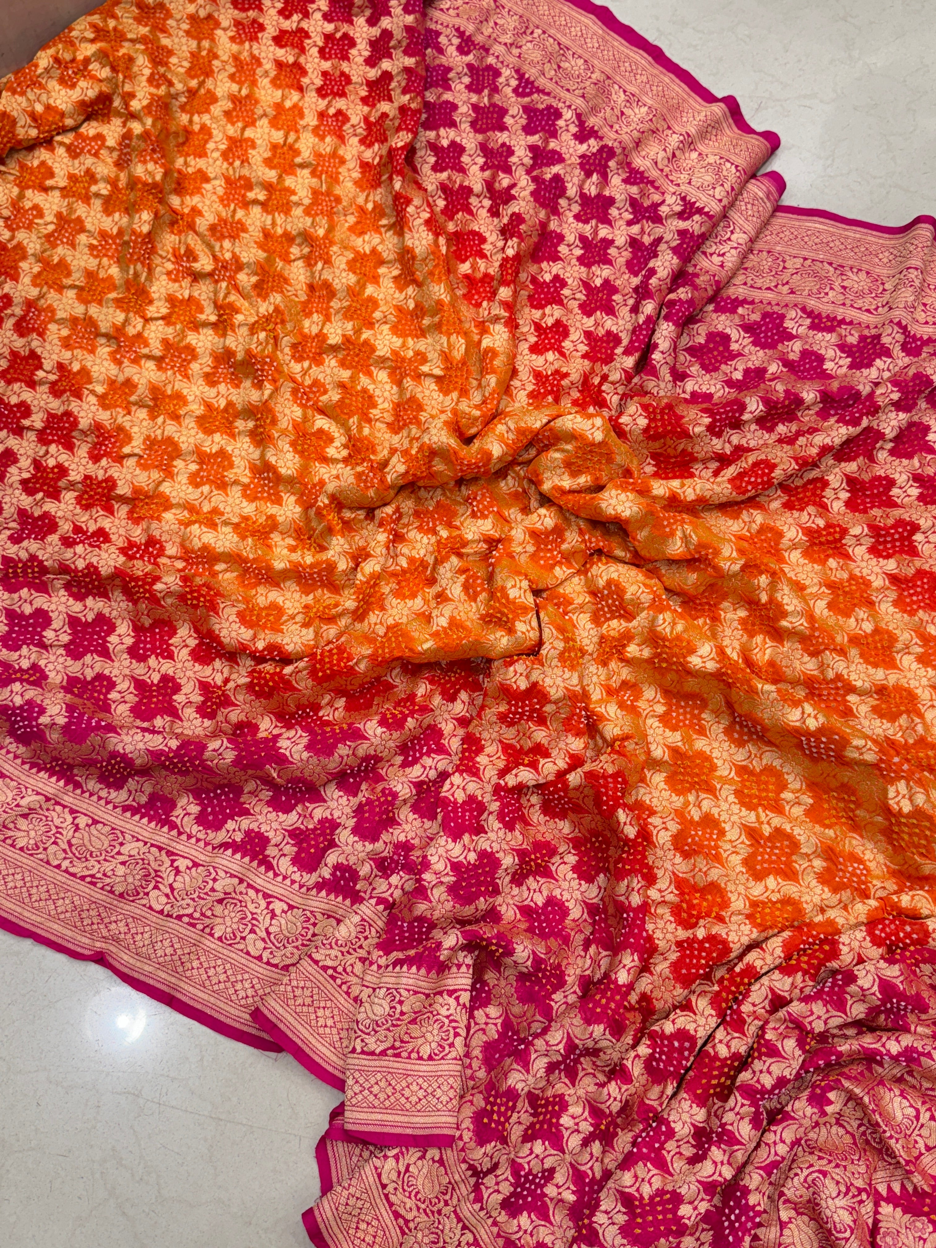 Orange Rani Shaded Bandhej Bandhini Saree