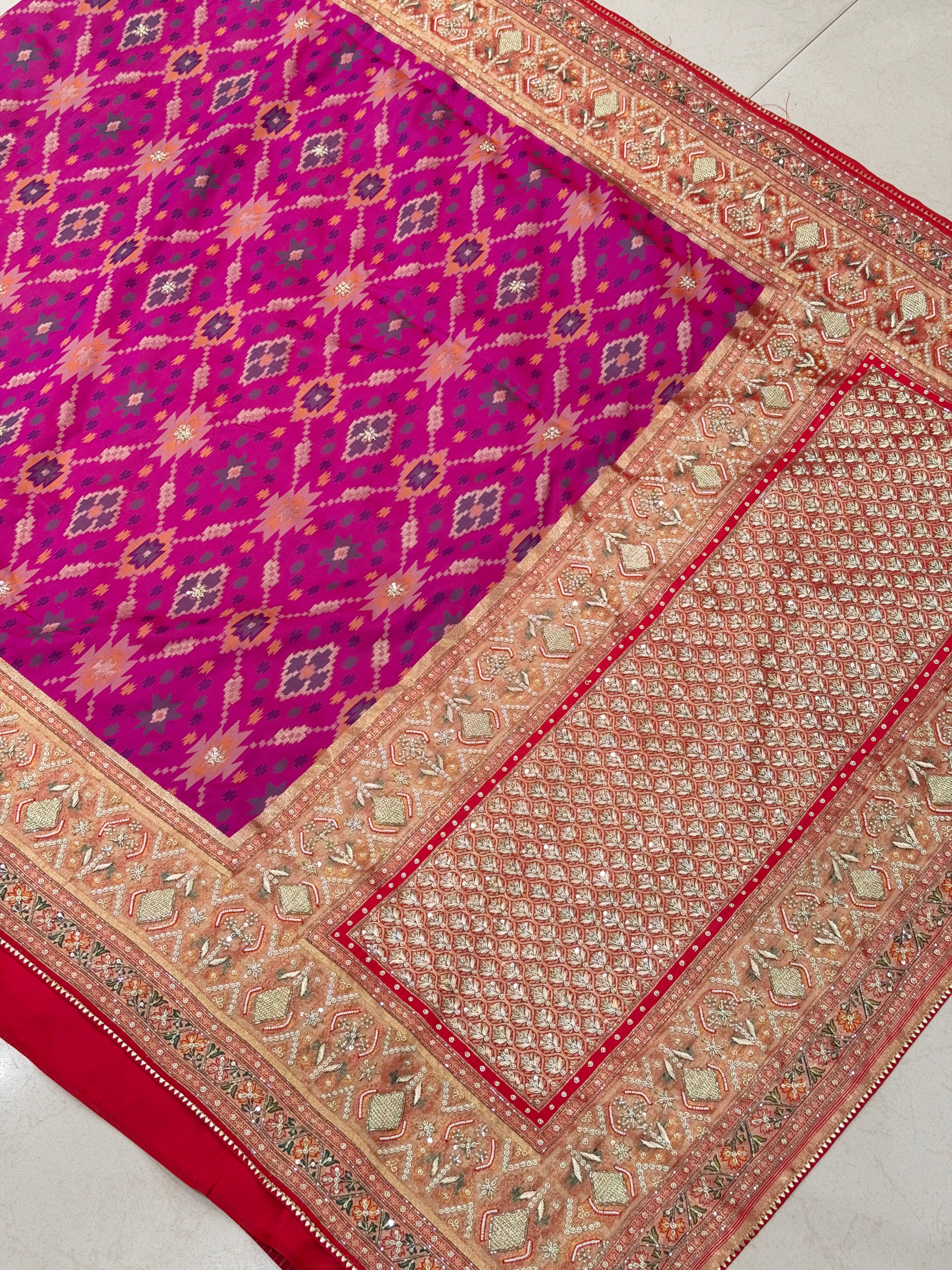 Wine Patola Zardosi Hand Embroidery Saree