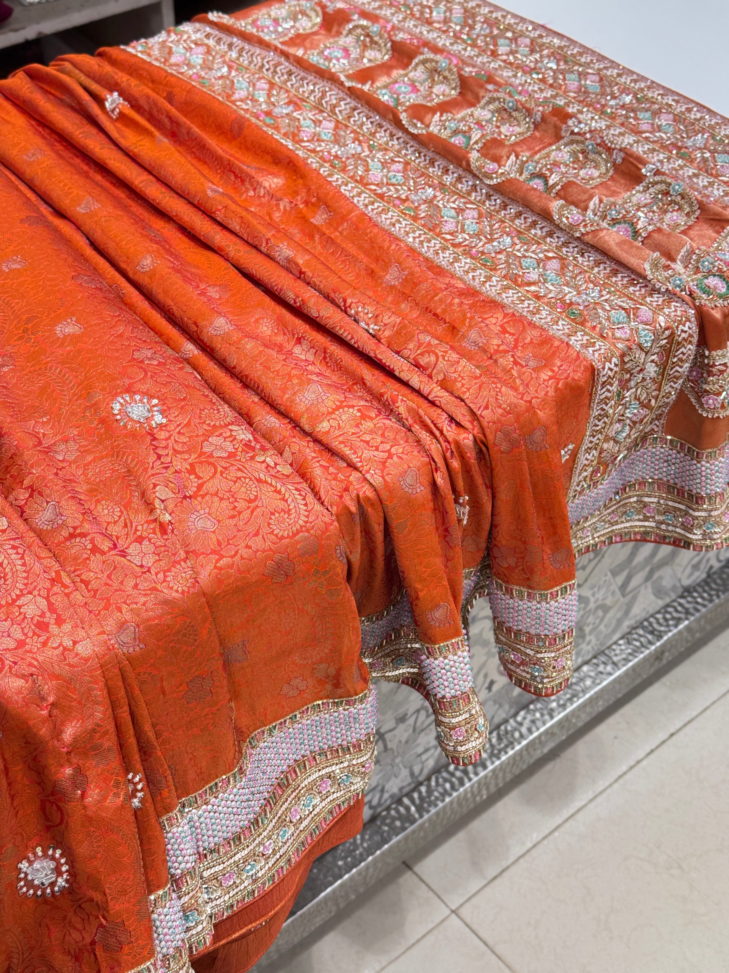 Rust Orange Kanjivaram Silk Hand Embroidery Saree
