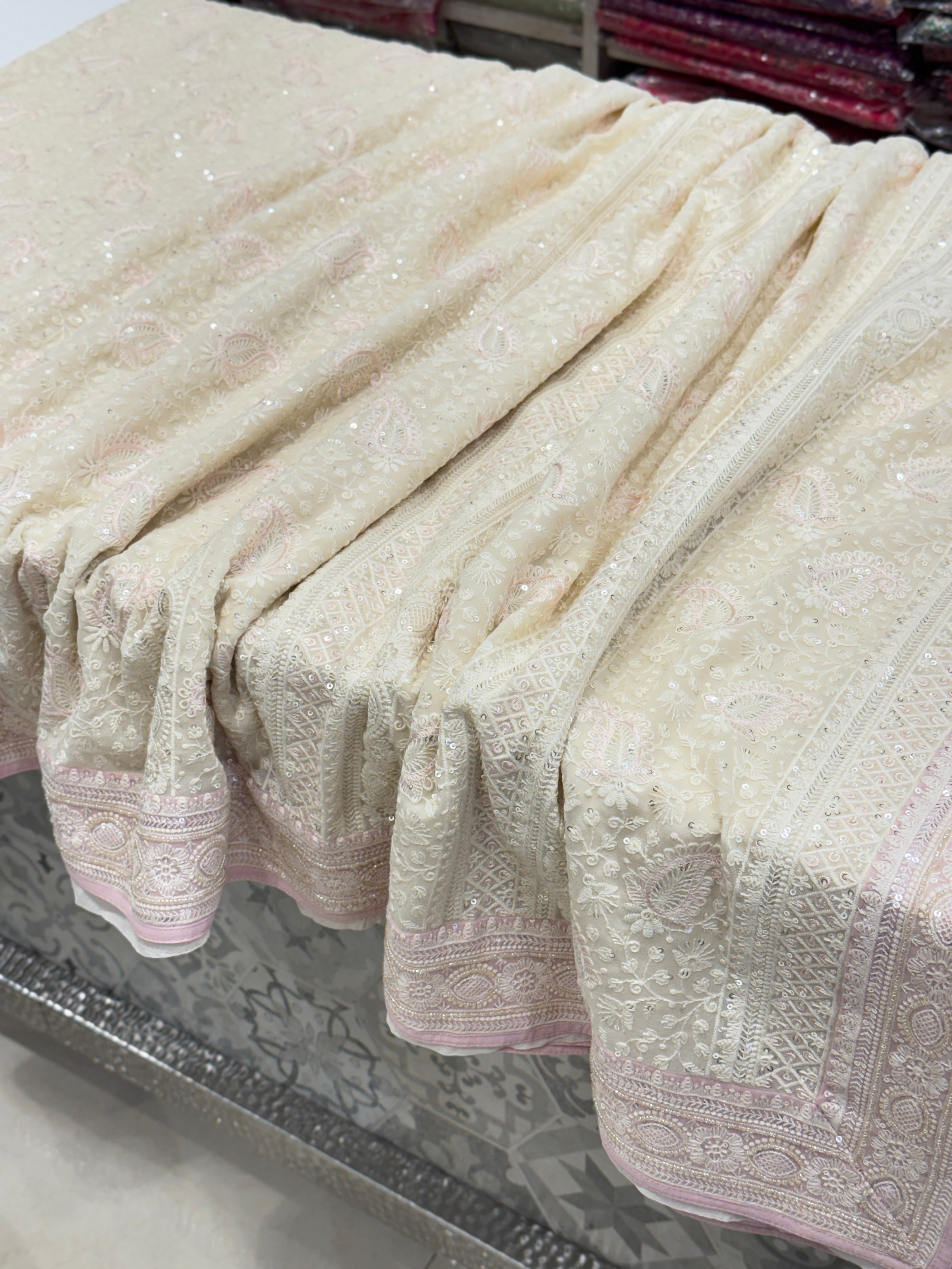 White Pink Chikankari Saree Floral Design with Moti Embroidery