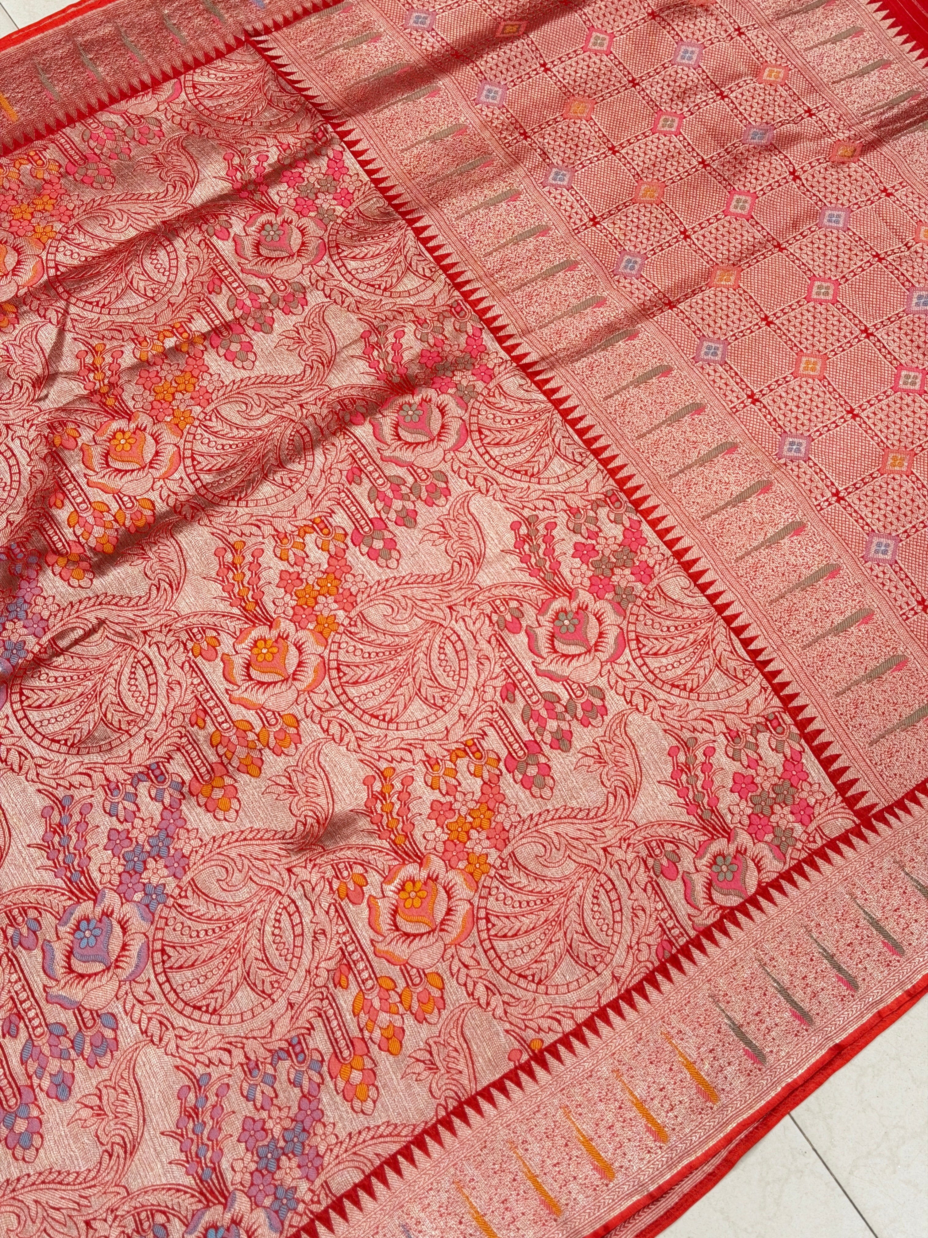 Red Banarasi Munga Tissue Meenakari Saree