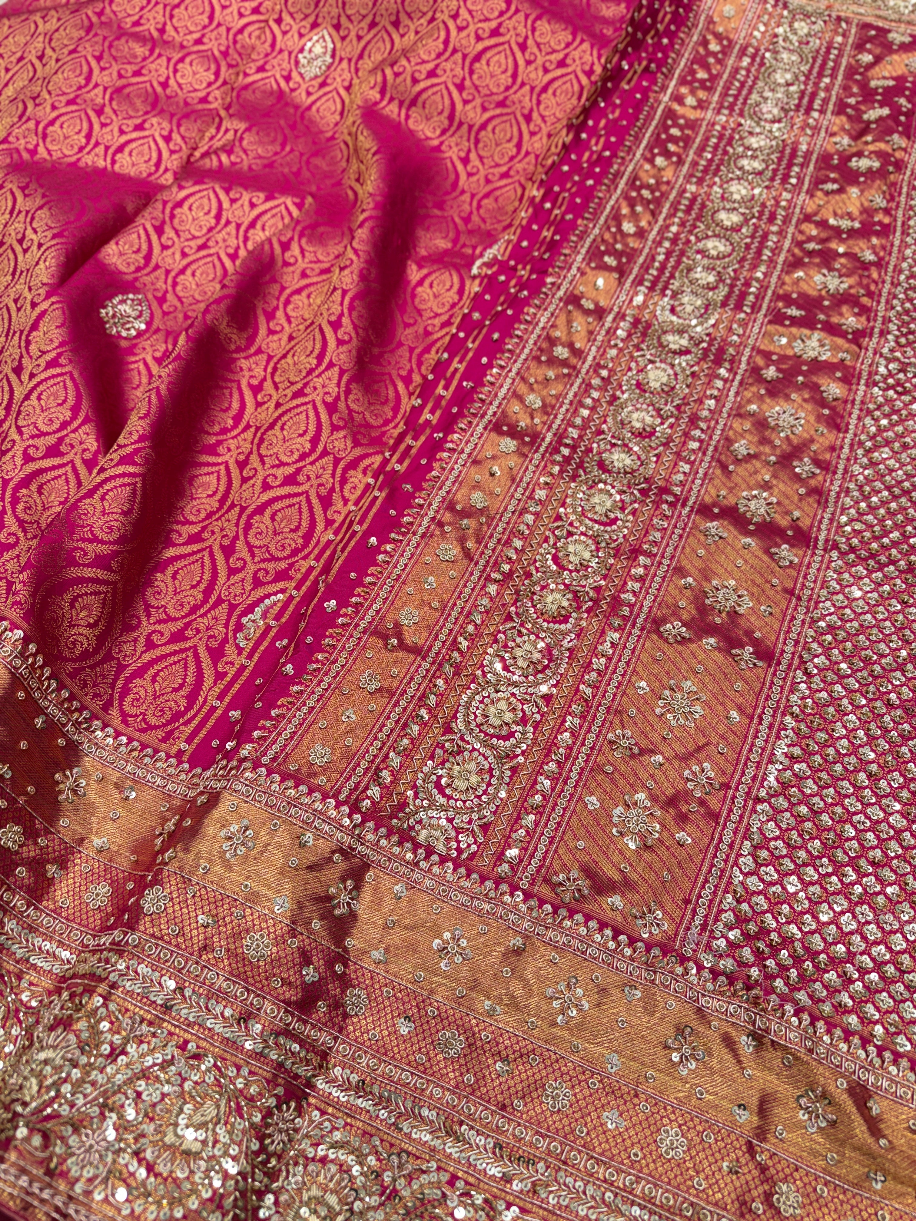 Rani Pink Keri Jaal Kanjivaram Hand Embroidery Zardosi Saree